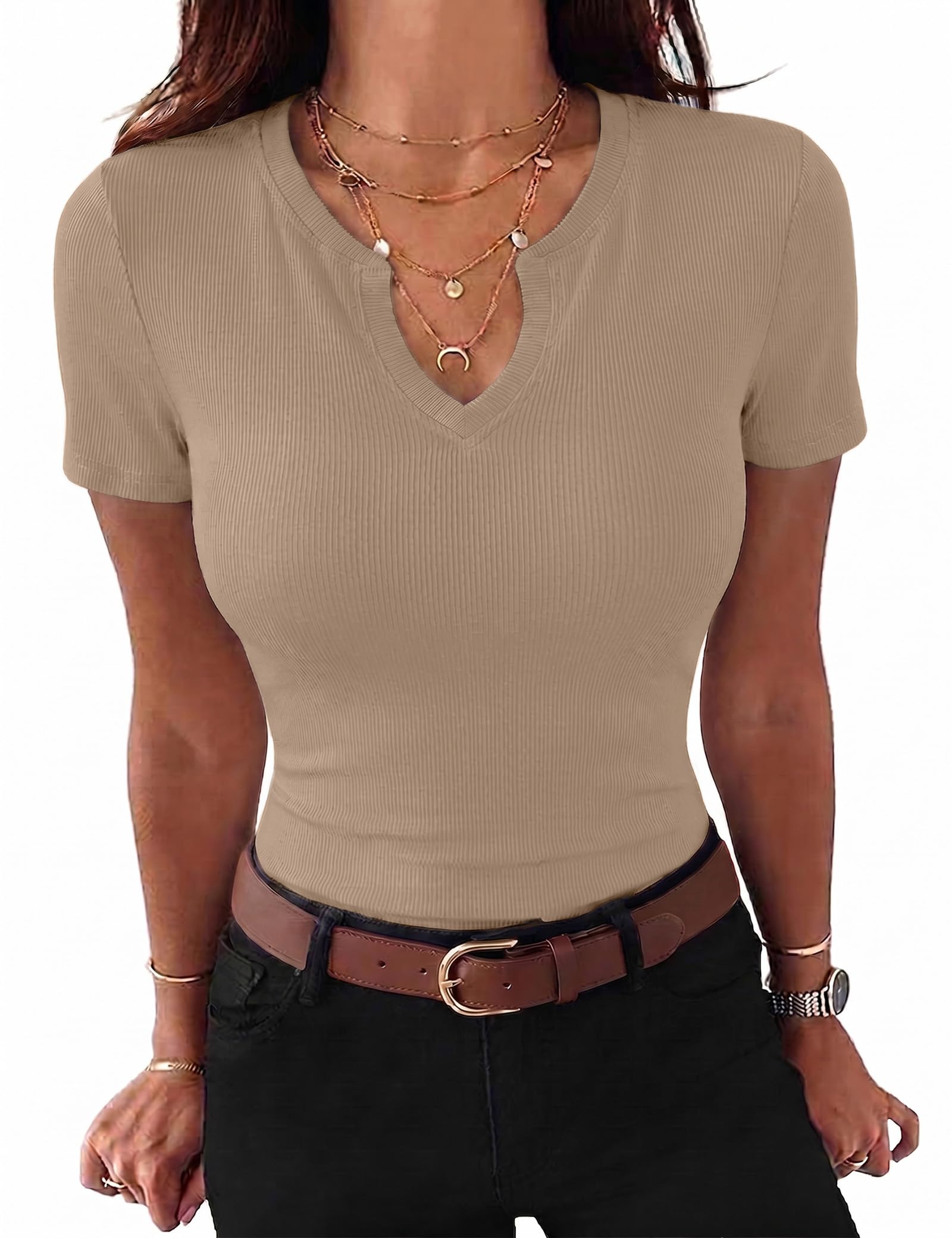 Gyabnw Damen T-Shirt V-Ausschnitt Elegant Gerippt Bluse Oberteil Kurzarm Basic Shirt Casual Sommer Top