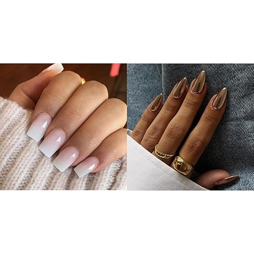 KQueenest Ombre Pink Press on Nails Short Medium Square&Light Bronze