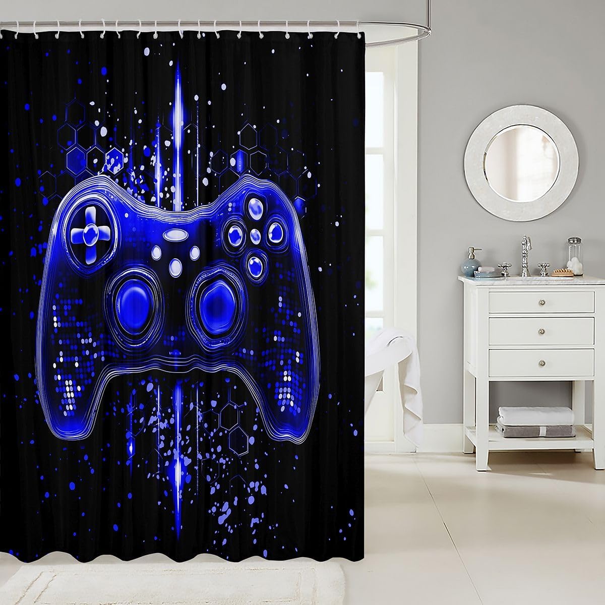 Feelyou Blue Game Consoles Boys Shower Curtain for Bathroom Decor Honeycomb Gaming Bath Curtain for Stalls Bathtubs Cool Gamer Bathroom Accessories Waterproof Polyester Fabric with 12 Hooks 72"x78" image 2