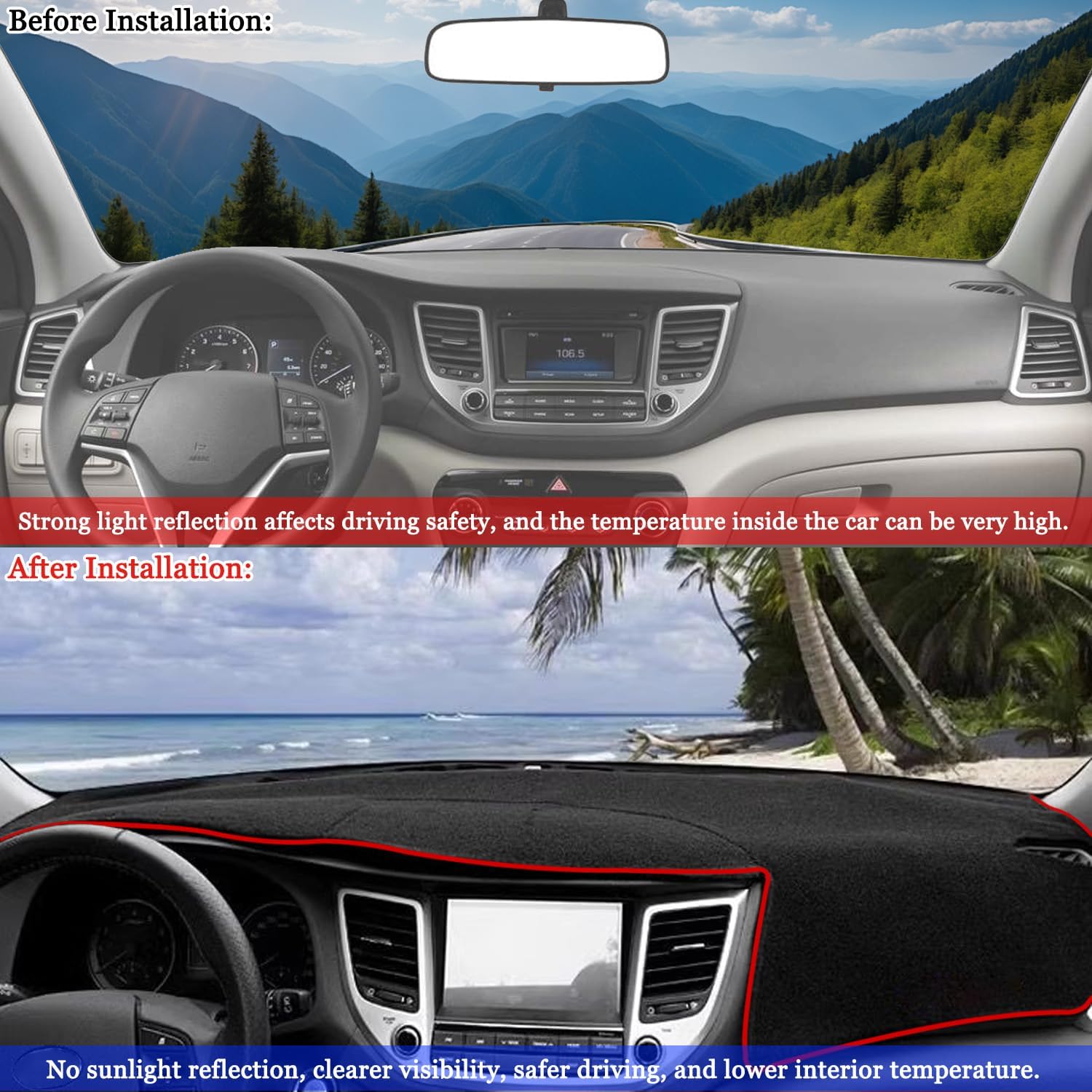 Blazeray Car Dashboard Cover Mat for Hyundai Tucson 2016 2017 2018 Non-Slip Dashboard Mat Pad Interior Accessories Custom Fit Dash Mat Sunshade Windshield Glare(Red Edge)