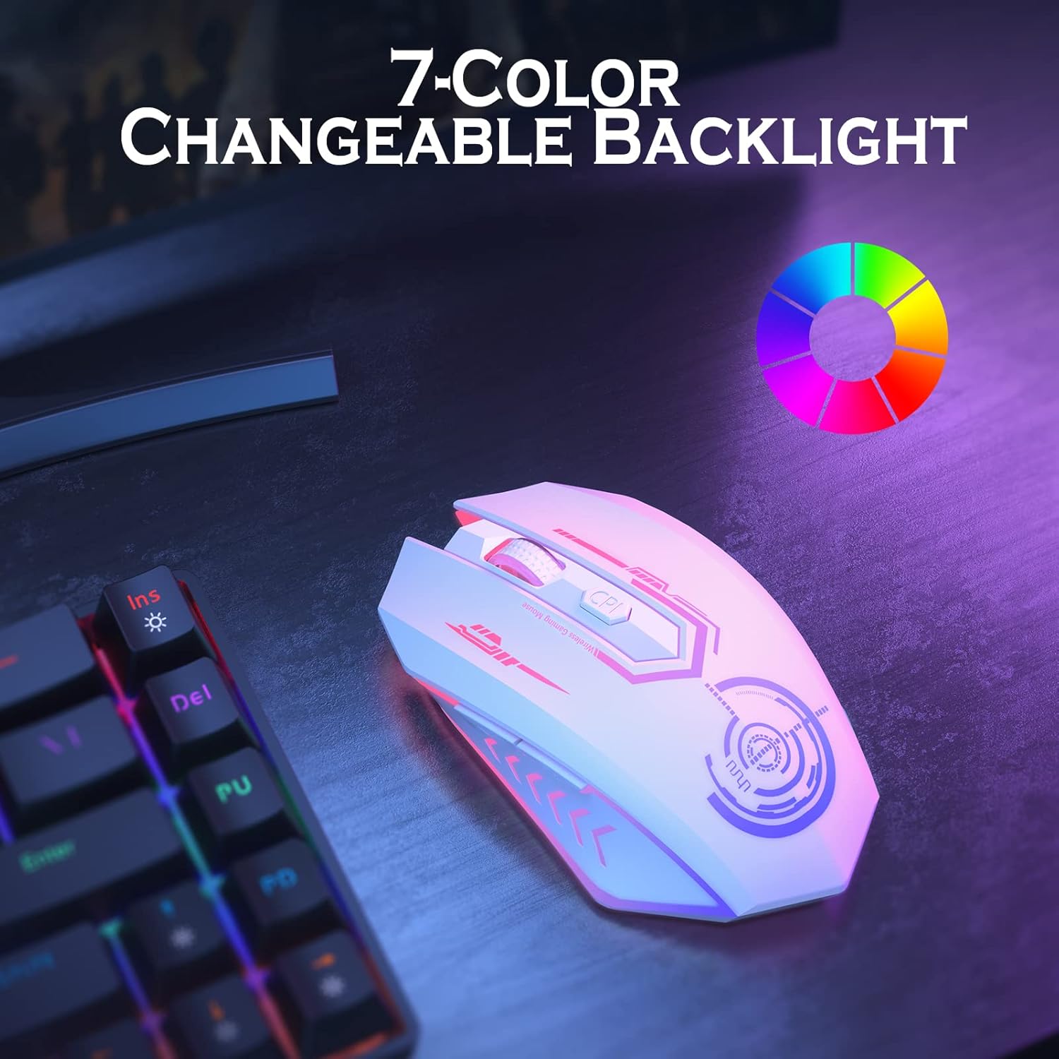 UHURU Gaming Mouse, Wireless Gaming Mouse with 6 Buttons 7 Changeable LED Color up to 10000 DPI, Rechargeable USB Gamer Mouse for PC Laptop (White)