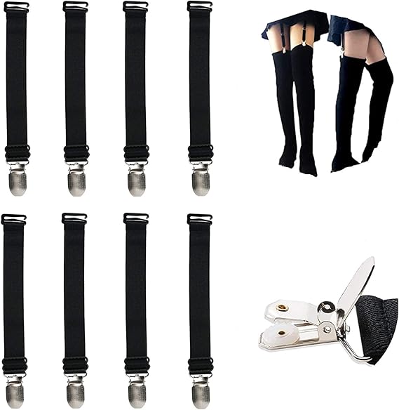 WILLWIN Elastic Stocking Clips Suspenders Garter Belt for Girdles Corset Straps Adjustable Leg Garter Girdles Fasteners Keep Your Lingerie Corset Snag on 8 Pcs Black