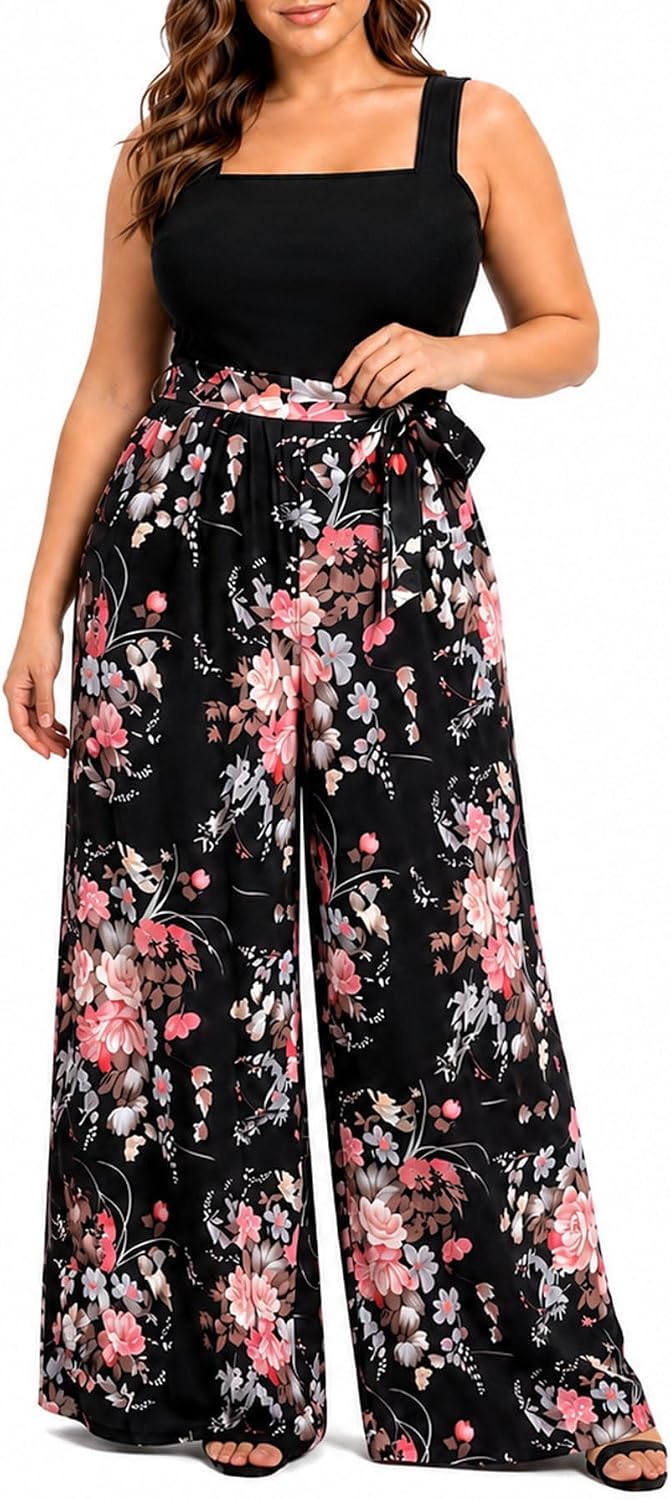 WILDPARTY Plus Size Jumpsuit for Women Sleeveless One Piece Outfit Floral Wide Leg Tie Waist Casual Summer Vacation Outfit