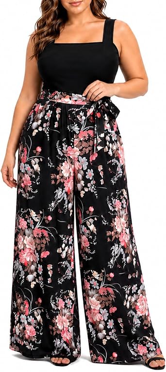 WILDPARTY Plus Size Jumpsuit for Women Sleeveless One Piece Outfit Floral Wide Leg Tie Waist Casual Summer Vacation Outfit