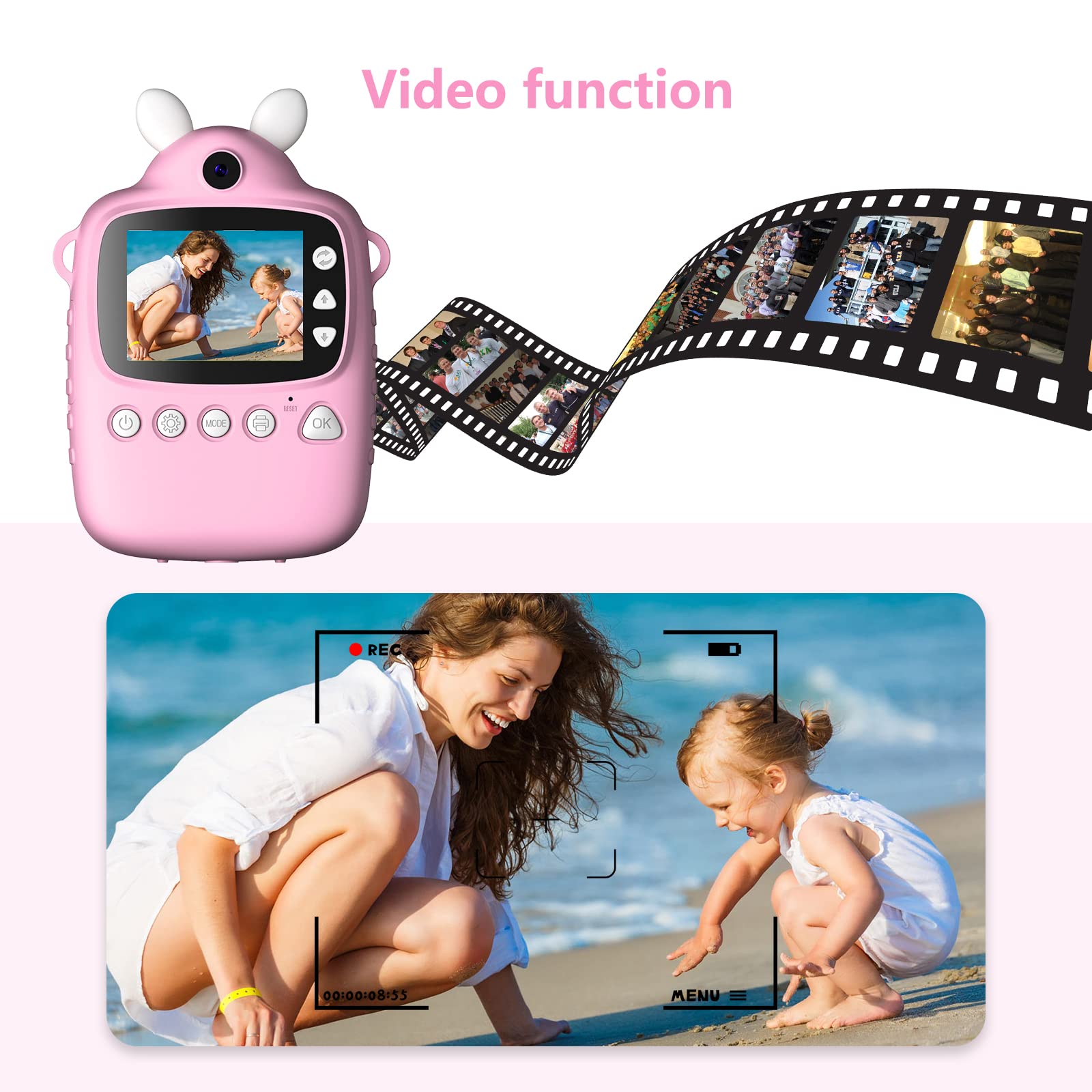 Uneeruiqy Children Instant Camera, Selfie Digital Camera with 1080P Videos, Toddler Camera Instant Print Toys, Portable Toys Camera with 2 Roller Photo Paper, Christmas Birthday Gifts