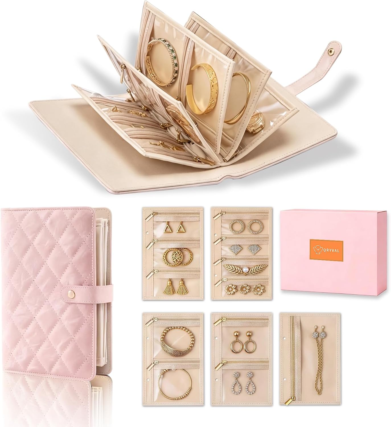 Travel Jewelry Notebook, Portable Leather Jewelry Book Case Binder with Zipper Velvet Pouch Organizer, Loose Leaf Jewelry Bag for Rings,Earrings,Necklaces,Bracelets (Pink)