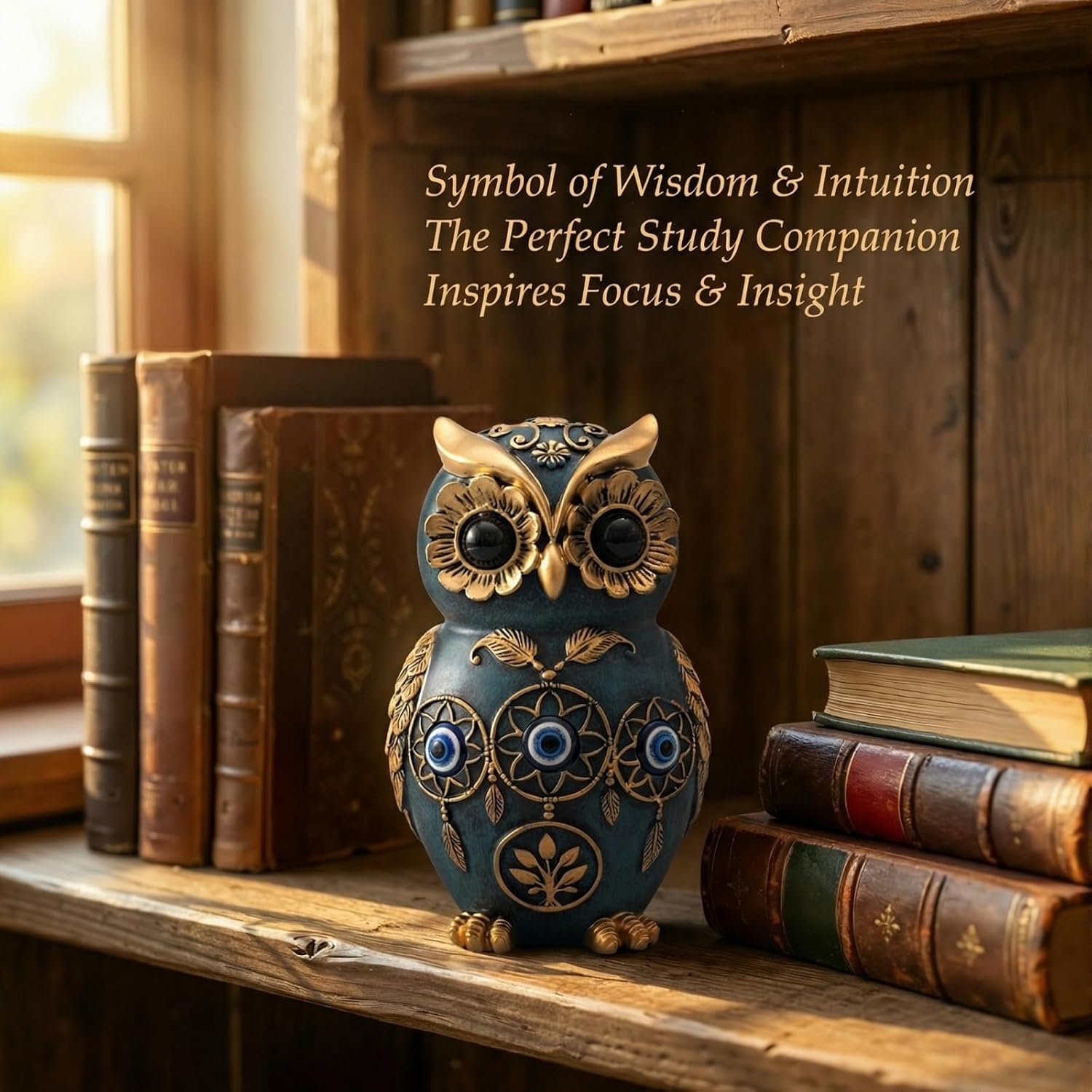Blue Owl Statue with Evil Eye & Dreamcatcher Decor - 4.8" Resin Owl Figurine for Shelf, Desk & Living Room - Gold Accents Wisdom Bird Sculpture - Unique Boho Spiritual... - Image 7