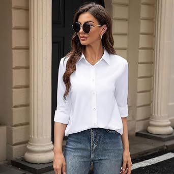 White Shirts for Women, Ladies Long Sleeve Button Down Stretch Blouse for Office Work Business Casual