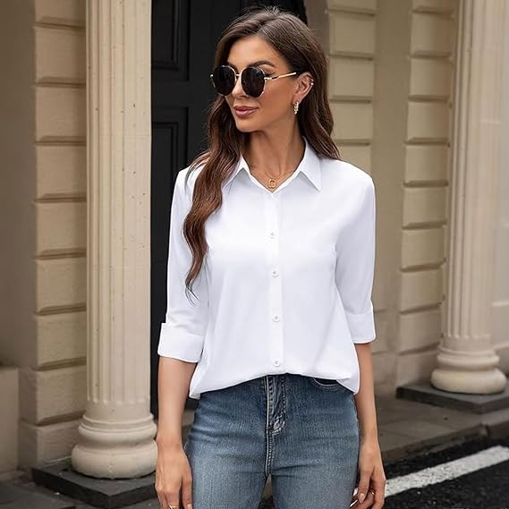 White Shirts for Women, Ladies Long Sleeve Button Down Stretch Blouse for Office Work Business Casual