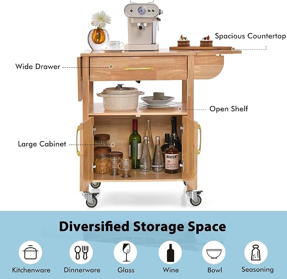 GiantexUK Kitchen Island on Wheels, Rolling Serving Trolley with Large Drawer, Open Shelf, 2-Doors Cabinet & Drop Leaf Countertop, Mobile Storage Cart for Dining Living Room Coffee Bar