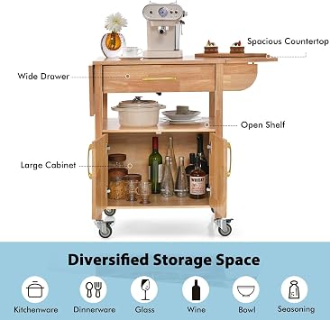 GiantexUK Kitchen Island on Wheels, Rolling Serving Trolley with Large Drawer, Open Shelf, 2-Doors Cabinet & Drop Leaf Countertop, Mobile Storage Cart for Dining Living Room Coffee Bar