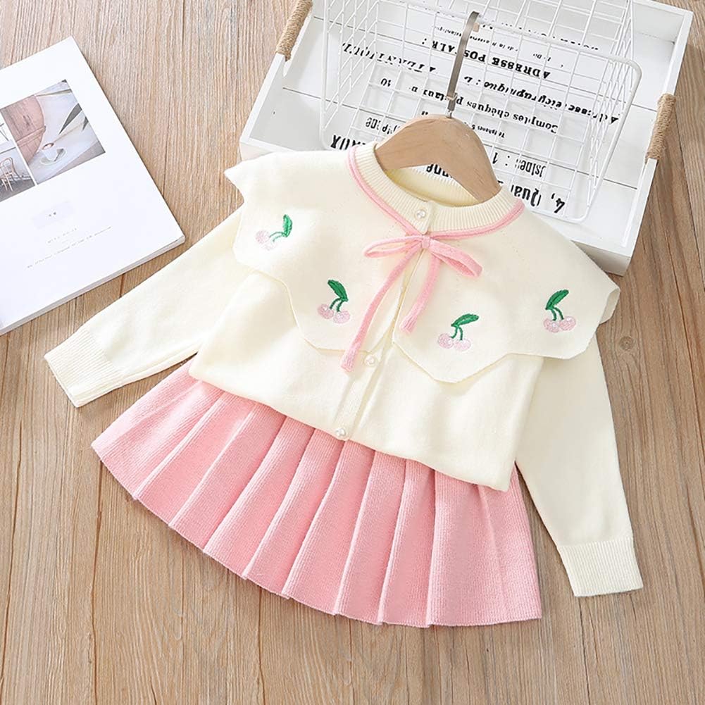IBTOM CASTLE Toddler Baby Girls Autumn Winter Clothes Knit Button up Long Sleeve Ruffle Bowknot Sweater Cardigan Tops+Pleated Mini Tutu Skirt 2pcs Outfit Princess for Kids Pink-Cherry 4-5 Years