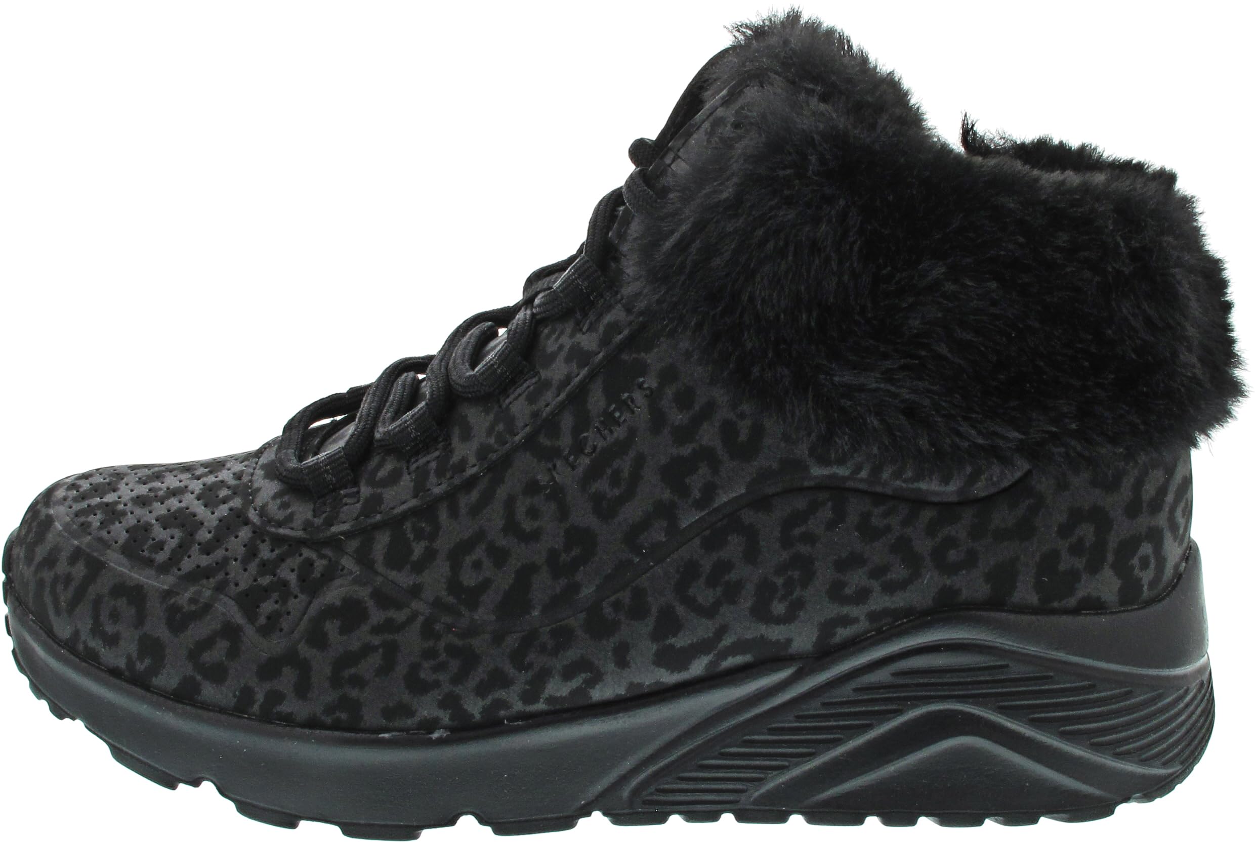 Skechers Girl's UNO LITE Cozy Leopard Trainers, Black Synthetic/Black Trim, 10.5 UK Child