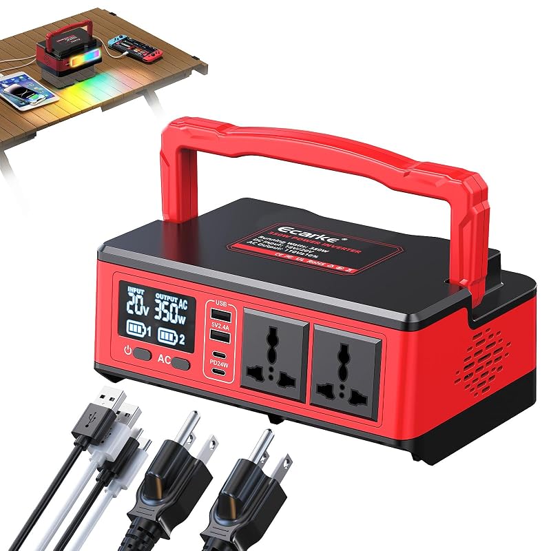 Inversor de Energia Portátil Ecarke 350 W Compatível com Baterias Milwaukee 18 V, Saída 120 V AC, USB, USB-C e Luz LED RGB, SKU07116, Vermelho