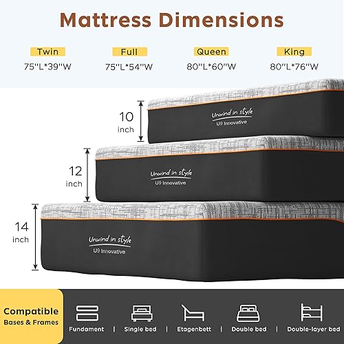 Miniatura 2 de Colchón King de 10 pulgadas, colchón de espuma viscoelástica multicapa, firmeza media con infusión de carbón de bambú y té verde