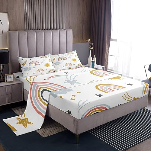 Juego de sábanas de 4 piezas de microfibra suave con diseño de arco iris para niñas y niños, diseño de nubes de dibujos animados, tamaño Queen, con