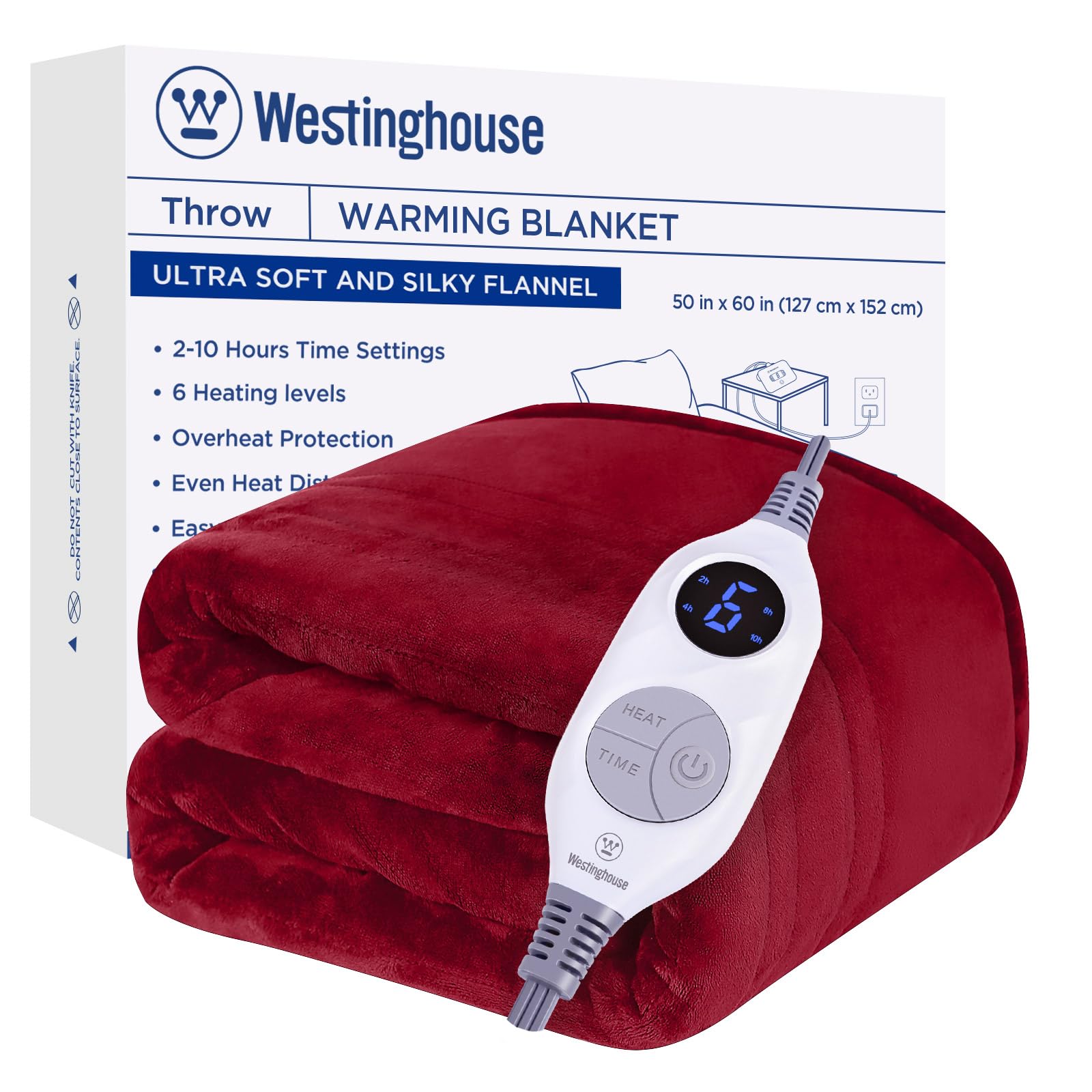 Westinghouse Heated Blanket Throw, Electric Throw with 6 Heating Levels, 2-10 Hours Time Settings, Overheat Protection, Machine Washable, Flannel (Throw, 50x60 Inches, Wine Red)