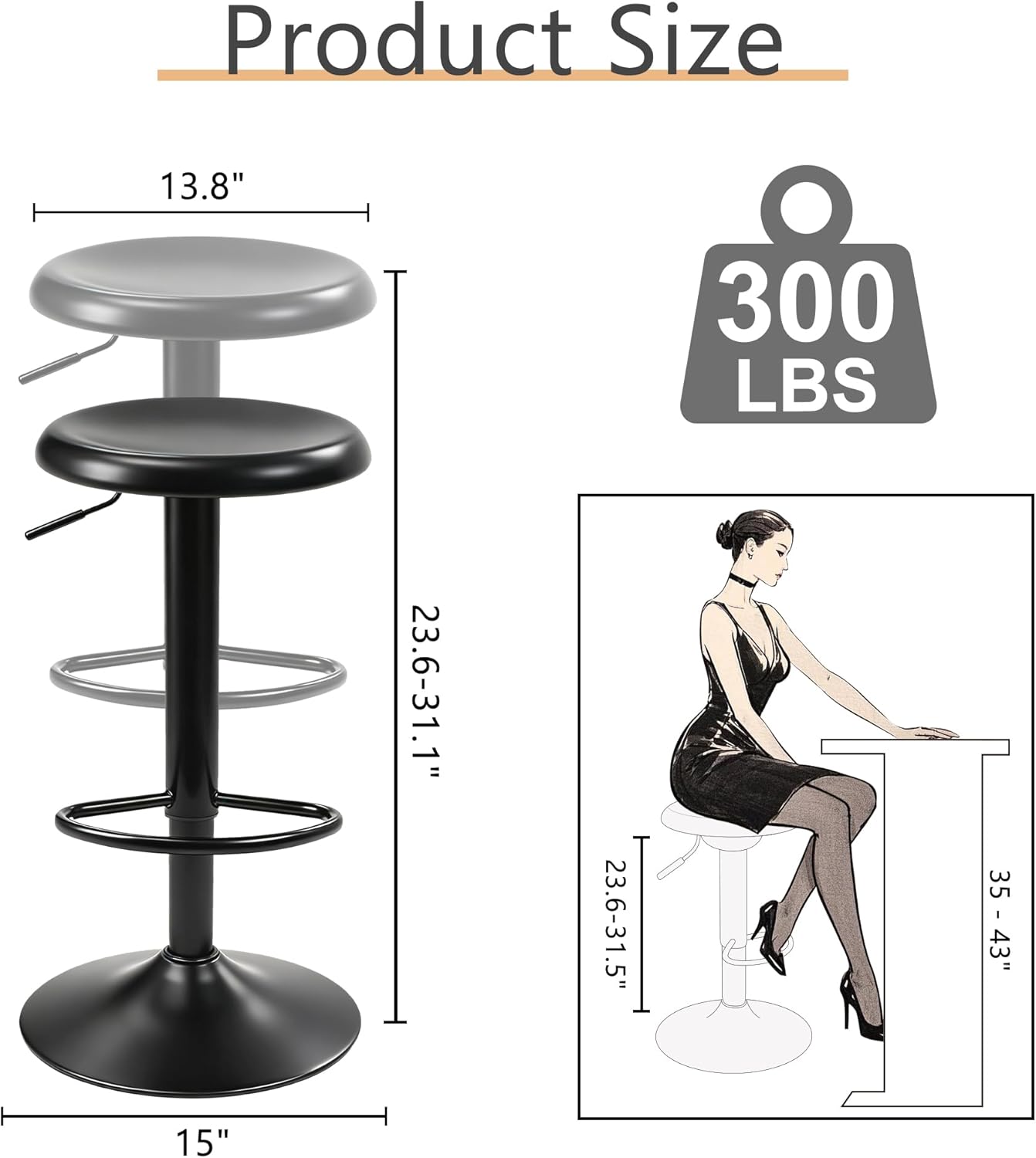 carolmade bar stools set of 2, adjustable metal bar stools swivel counter height stool backless barstools for kitchen island pub, black