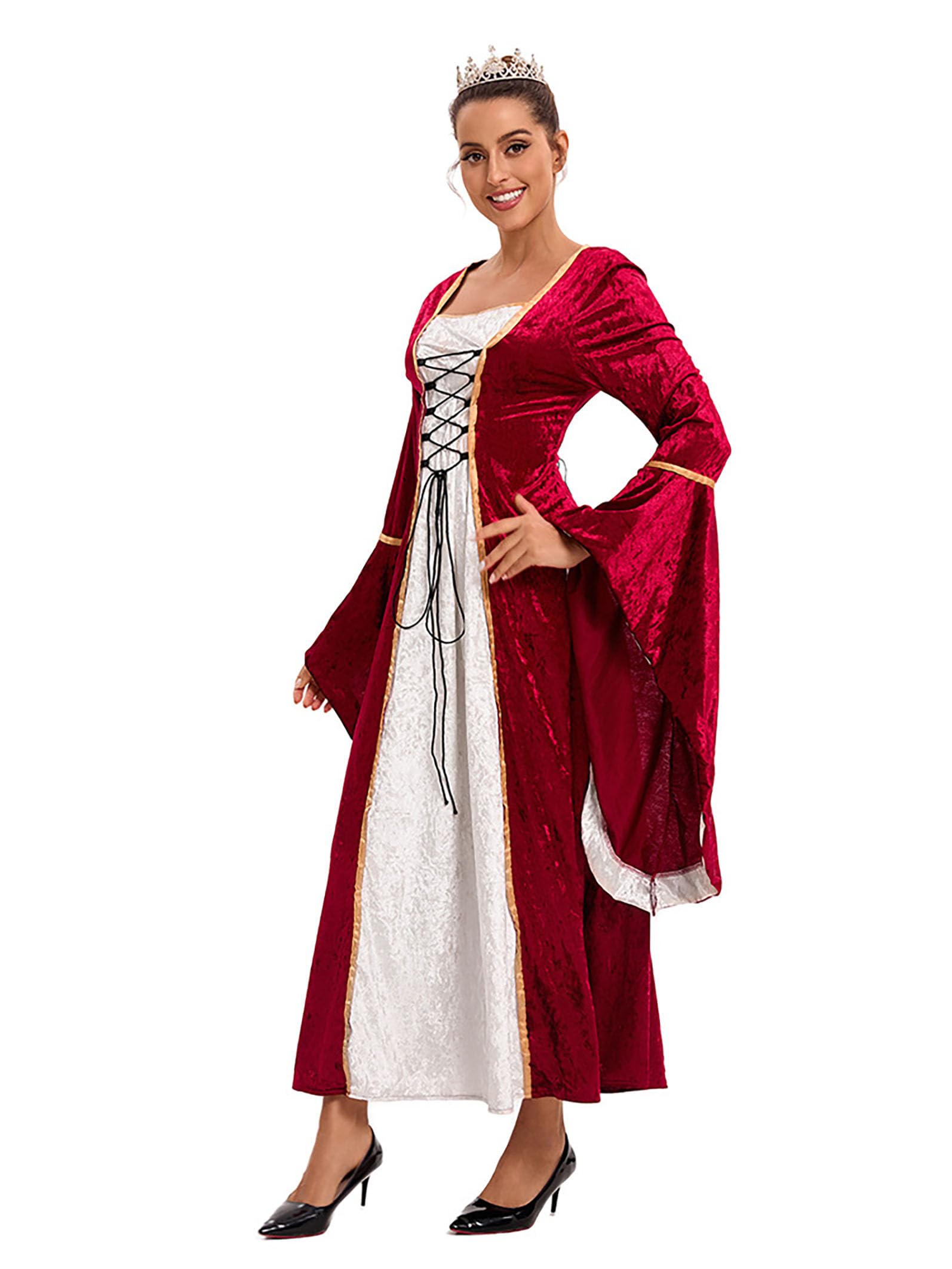 Robe en velours rétro médiévale pour femme avec manches trompettes Styles victorien, Renaissance, pour fête, Halloween, carnaval, gothique