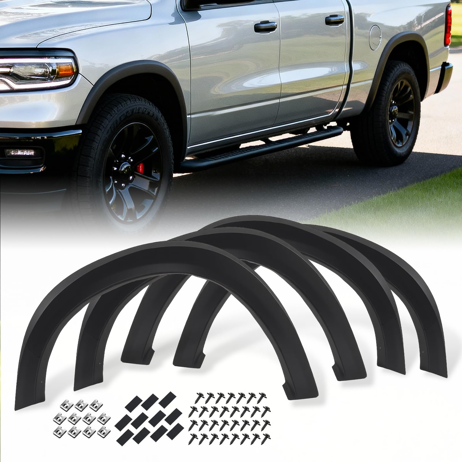 Fender Flares, Compatible with Dodge 2009-2018 Ram 1500, (Doesn't Fit R/T Models), Textured Black PP Injection Front & Rear Wheel Cover Protector Vent Trim 4pcs 68054338AB, 68054339AB