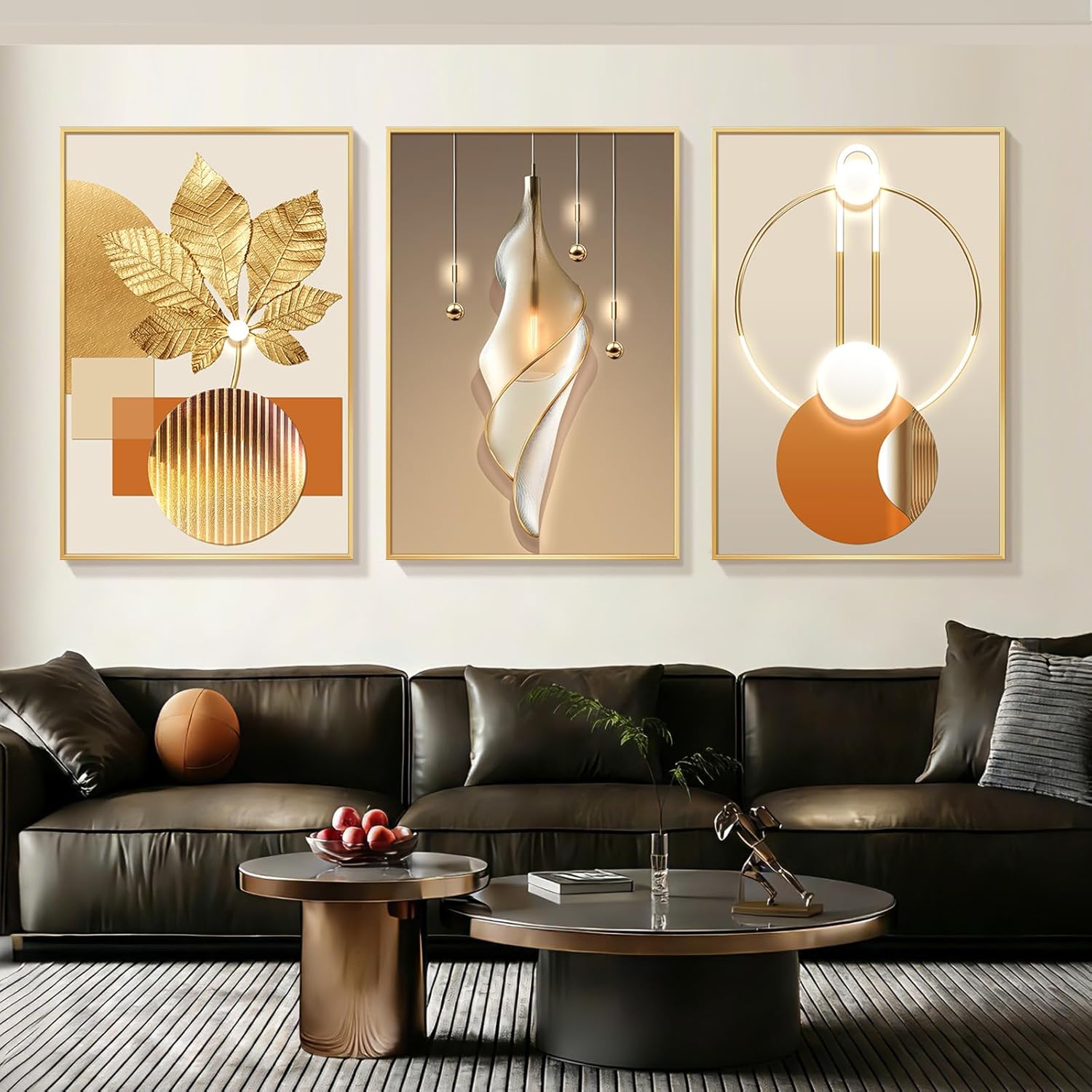 Azartslr Large Framed Modern Rose Gold Wall Art, Luxury 3 Pieces Aluminum Alloy Wall Decor for Living Room, Abstract Gold and Beige Home Bedroom Art Painting, Geometric Crystal Porcelain Artwork Dining Room Pictures Decoration 24x36in