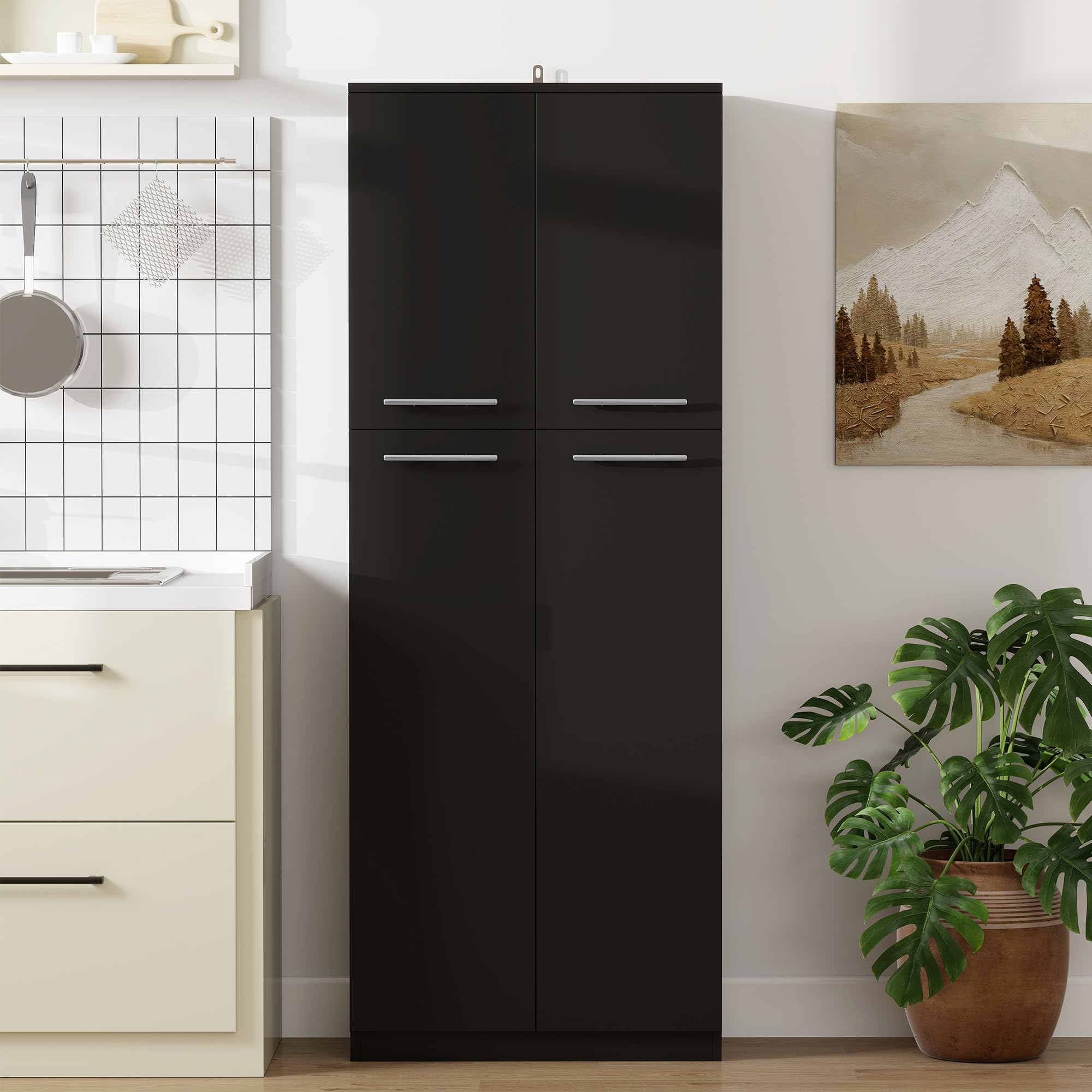 HOMCOM Credenza Cucina, Mobile Dispensa con 2 Armadietti, Mobile Cucina con Ripiani Regolabili in MDF, per Sala da Pranzo, Soggiorno, Salotto, 59x31x155 cm, Nero
