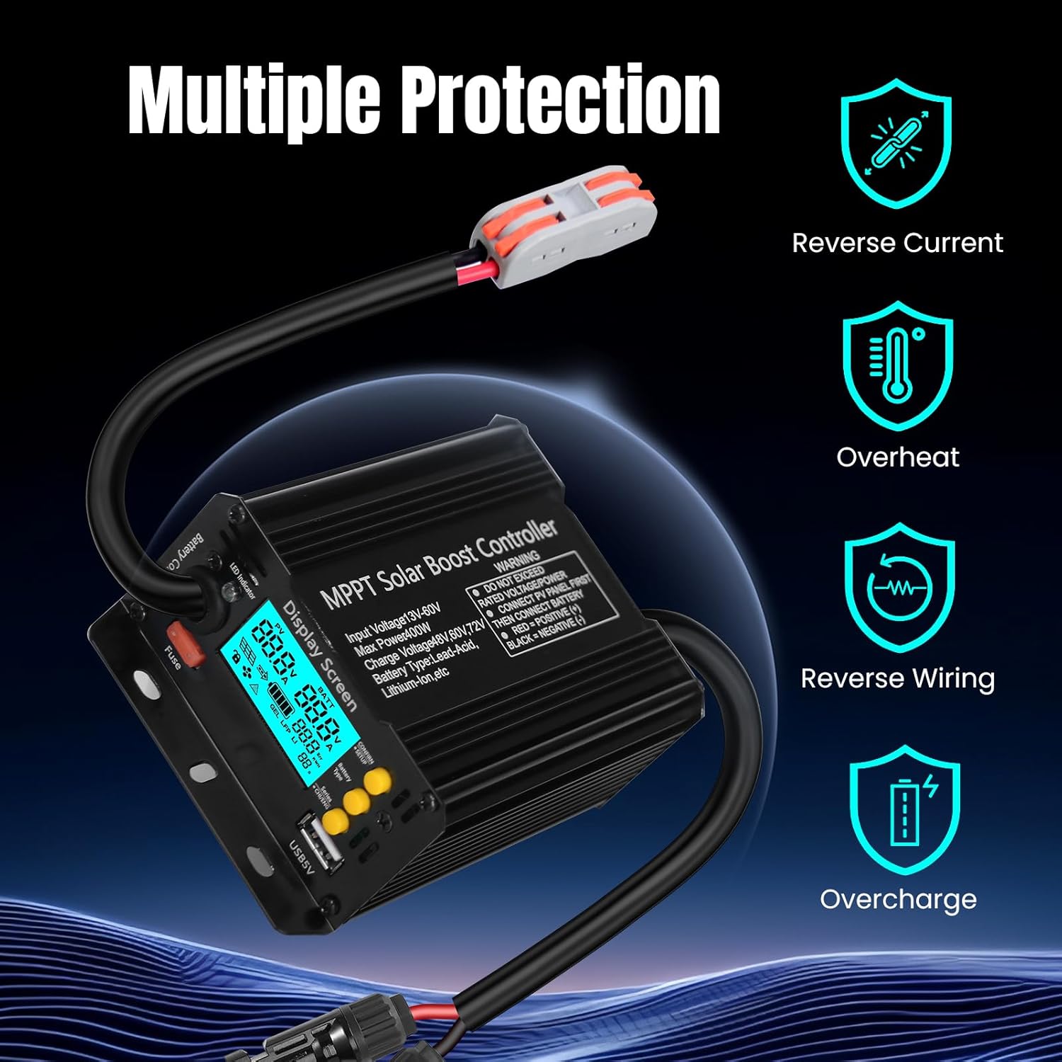 400W Boost MPPT Solar Charge Controller LCD Solar Panel Regulator for24V/36V/48V /60V/72V Lead-Acid, LiFePO4, Gel, Flooded Batteries etc in Golf Cart,eBike,Club Car, Scooterand Solar System