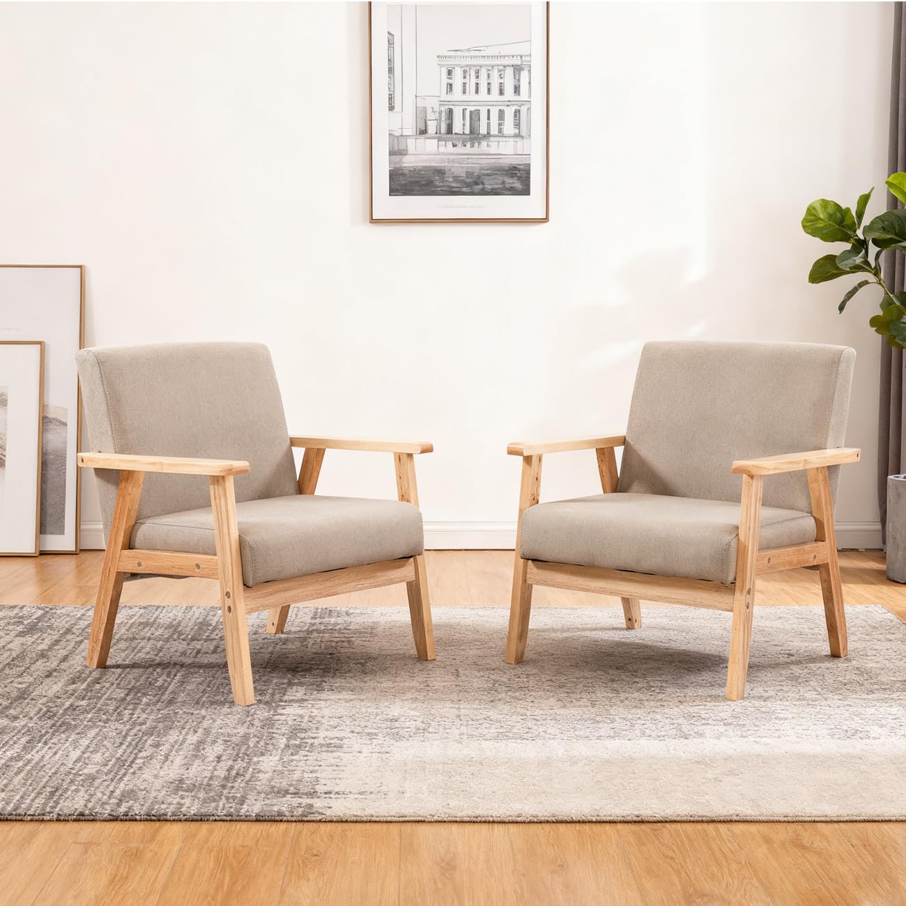 Accent Living Room Armchair, Midcentury Leisure Chair with Thick Pad, Lounge Single Sofa Reading Arm Chairs for Bedroom Home Office, Upholstered Comfy Tub Chair with Wood Frame (Beige Set of 2)