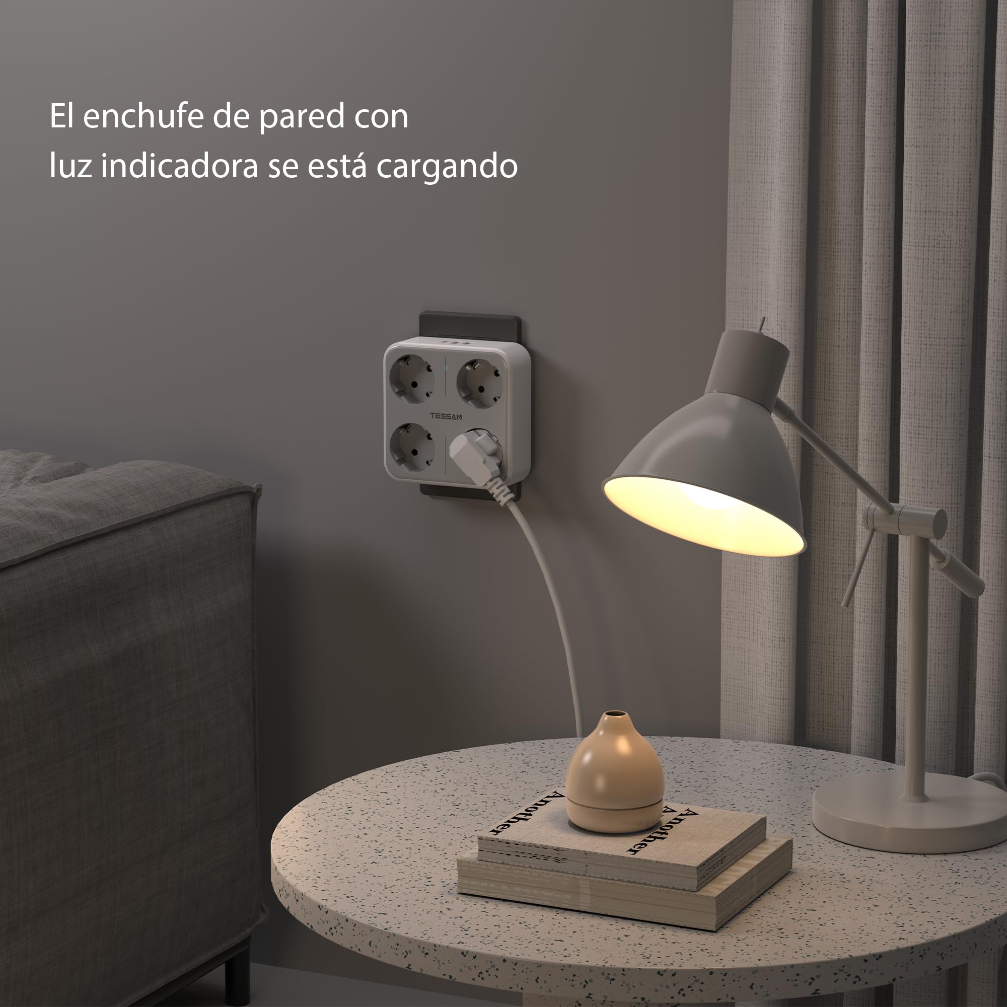 TESSAN Ladron Enchufes Plano con USB C, Enchufe Multiple 4 Schuko con 3 USB, Cargador Multiple 4000W, 7 en 1 Ladron con Interruptor, Regleta Pared para Oficina, Cocina, Gris