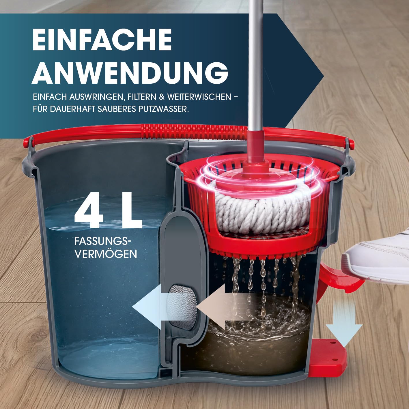 CLEANmaxx Zestaw mopa Power + 2 zapasowe ściereczki – mop do podłogi i wiadro do czyszczenia