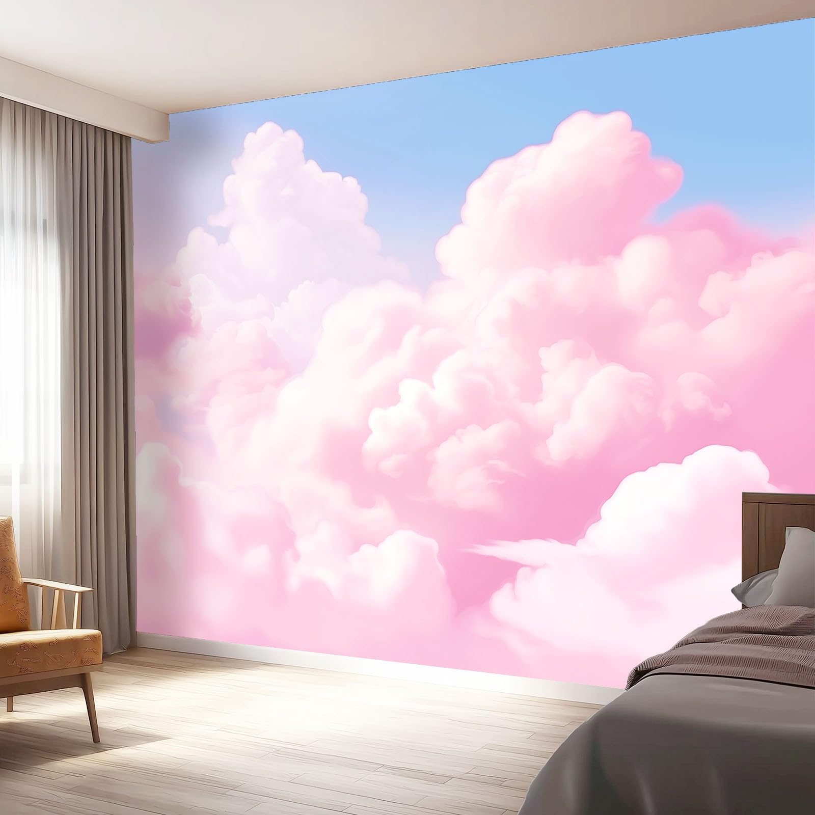 Fototapeta, wzór chmury, 300 x 210 cm, flizelina, sztuka ścienna, mural różowy, minimalistyczny, uroczy styl, tapeta do sypialni, salonu, łazienki, dorosłych, nie odkleja się i nie przykleja