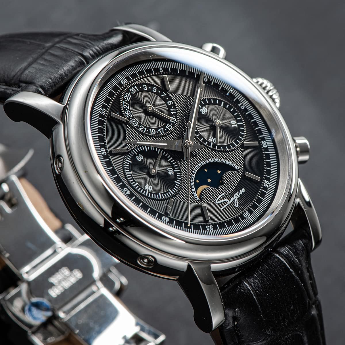 NC Sugess Mechanical Men Watch Seagull Movement ST1908 Chronograph Vintage Moonphase Wrist Watch Genuine Leather Band Waterproof 50ATM