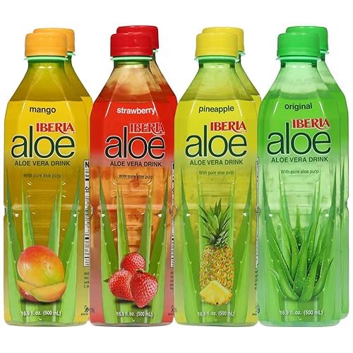 Iberia Aloe Vera Drink with Pure Aloe Pulp, Variety, (Pack of 8) 2 x Original, 2 x Mango, 2 x Pineapple, 2 x Strawberry - Aloe Variety Pack
