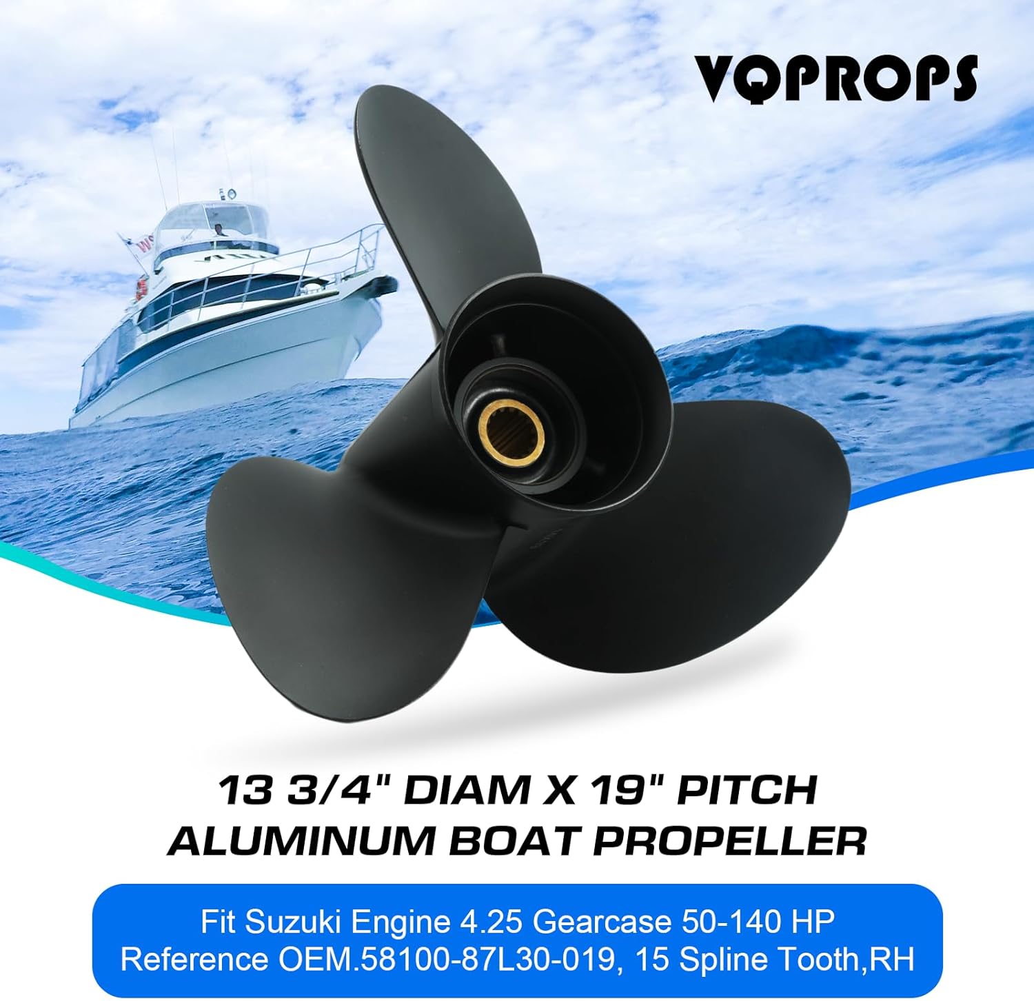 13 3/4x19 Aluminum Boat Propeller for Suzuki DF 50/60/70/90/100/115/140 HP Engine, 15 Spline Tooth, 3 Blades,OEM Parts No. 58100-87L30-019,Rh