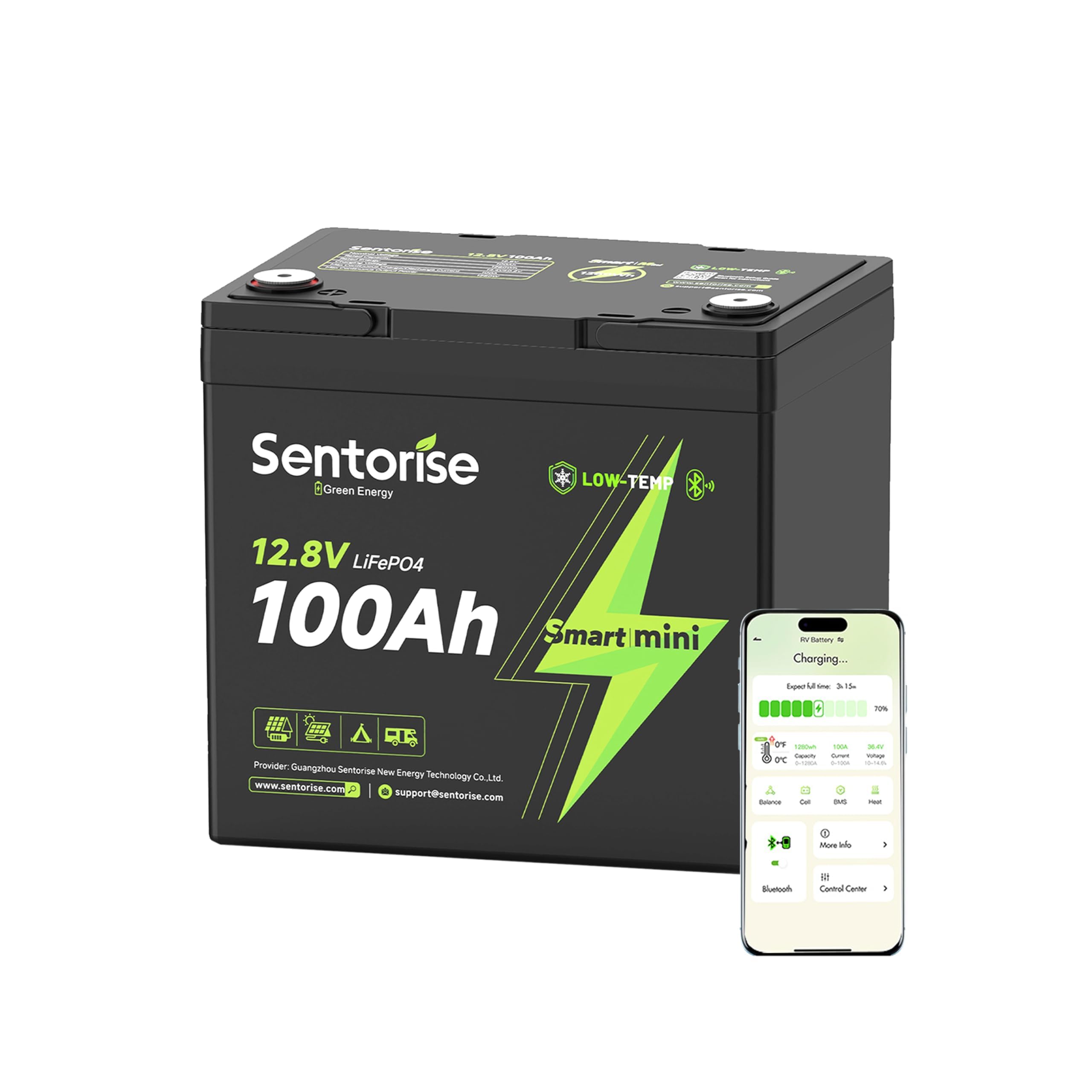 12V 100Ah Mini LiFePO4 Batterie, Kompakte Tiefzyklus Lithium Batterie mit Smart BMS, Bluetooth, Tieftemperaturschutz, 4000+ Zyklen, Platzsparendes Design für Wohnmobil, Marine