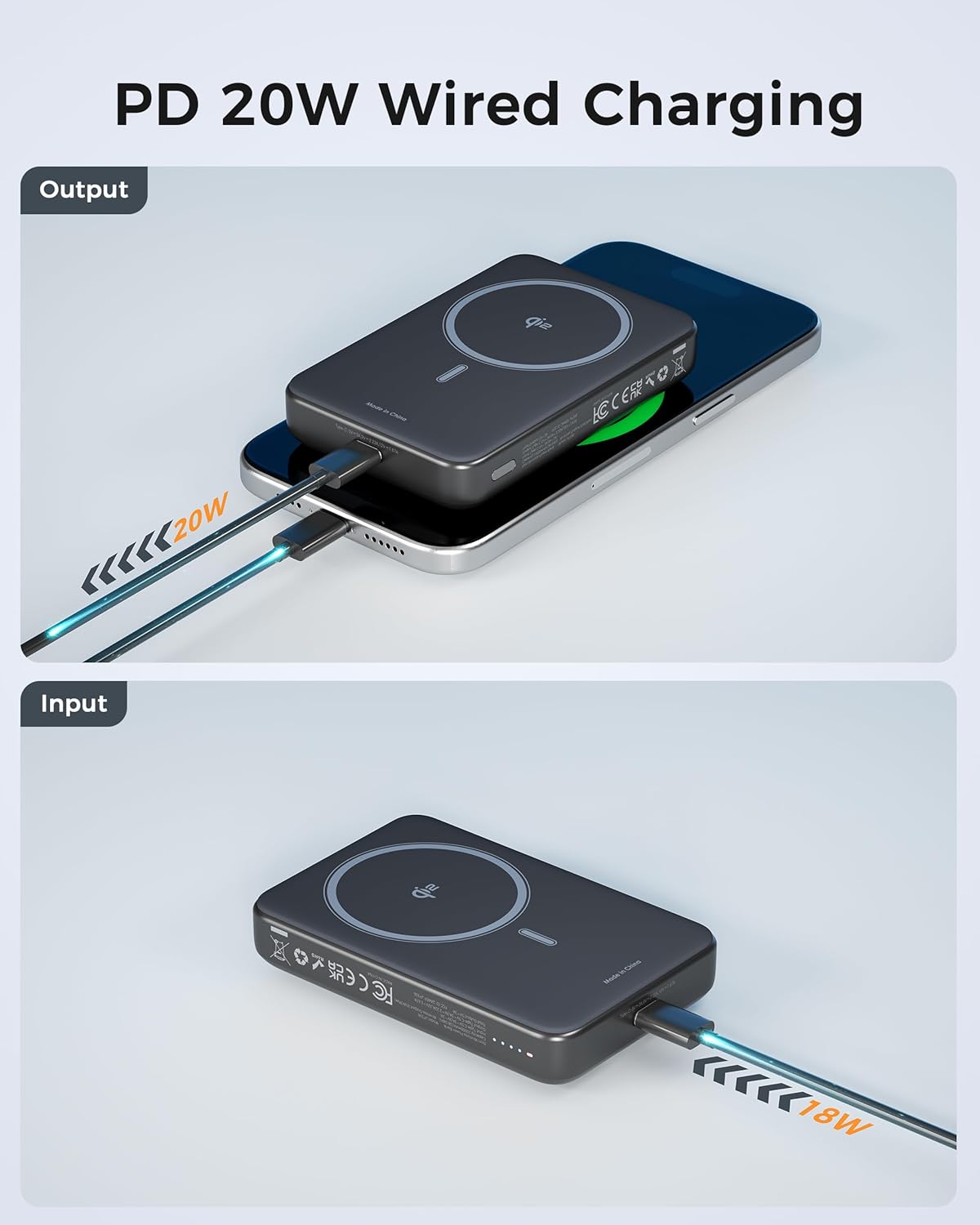 Image showing a phone being charged wirelessly by the power bank, and simultaneously a USB-C cable connected for wired charging output.