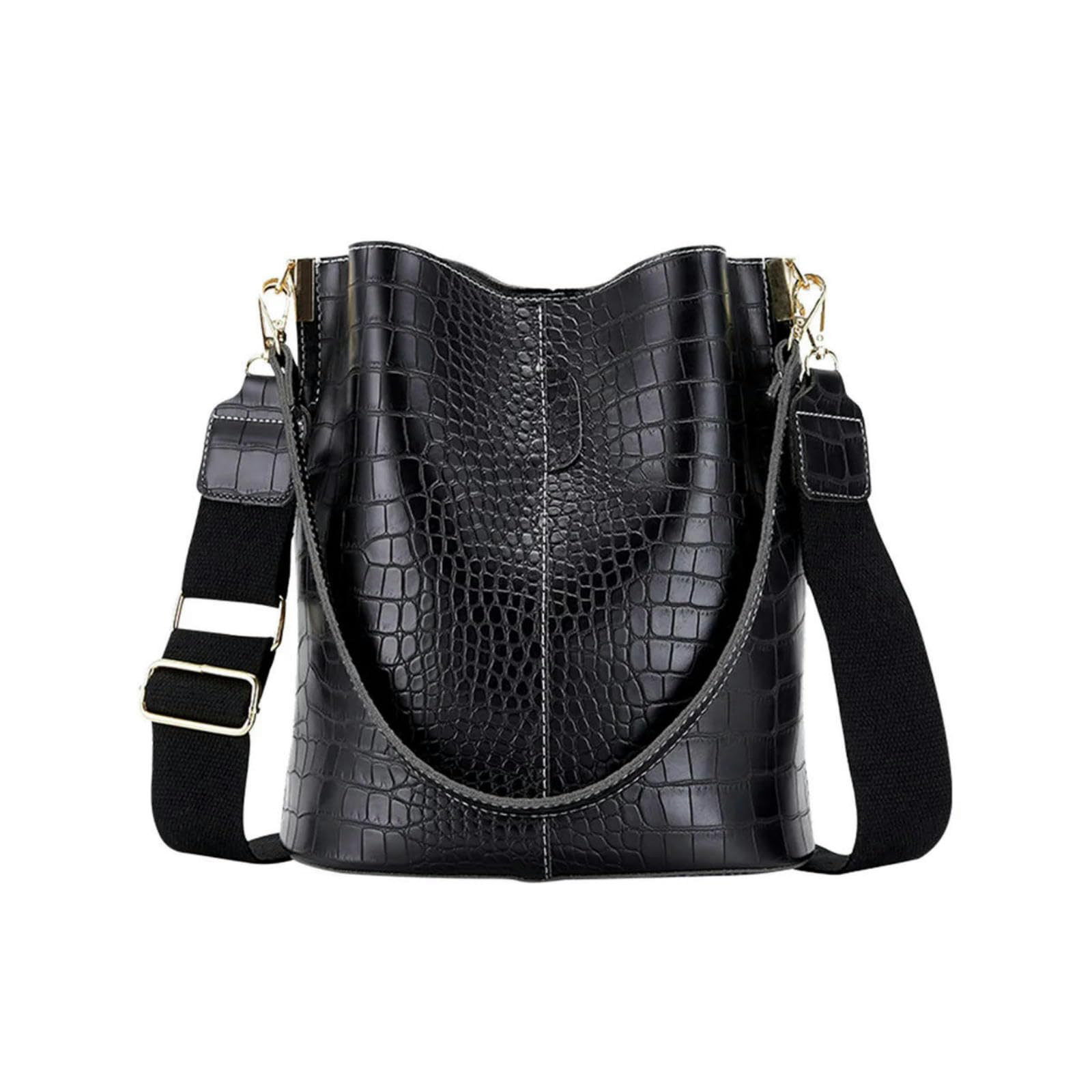 Fryloo Women's Black Bag ’S Leather Crossbody Bucket – Large-Capacity Patchwork Crocodile Pattern Shoulder Messenger Handbag