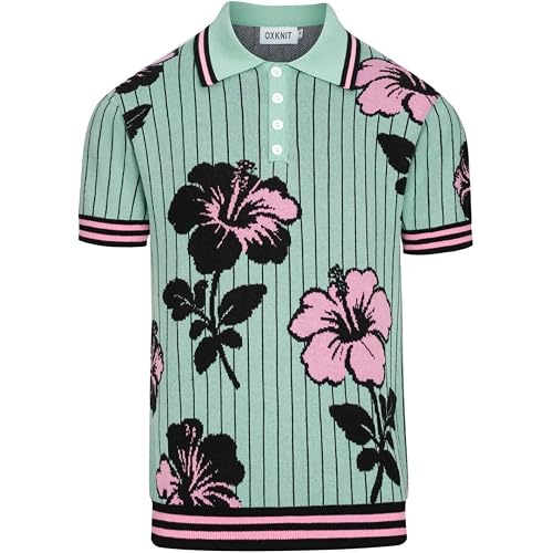 OXKNIT Men's Knit Short Sleeve Shirts Retro Pink Floral Pattern and Stripes Green Cotton Polo Shirt with Quarter Button