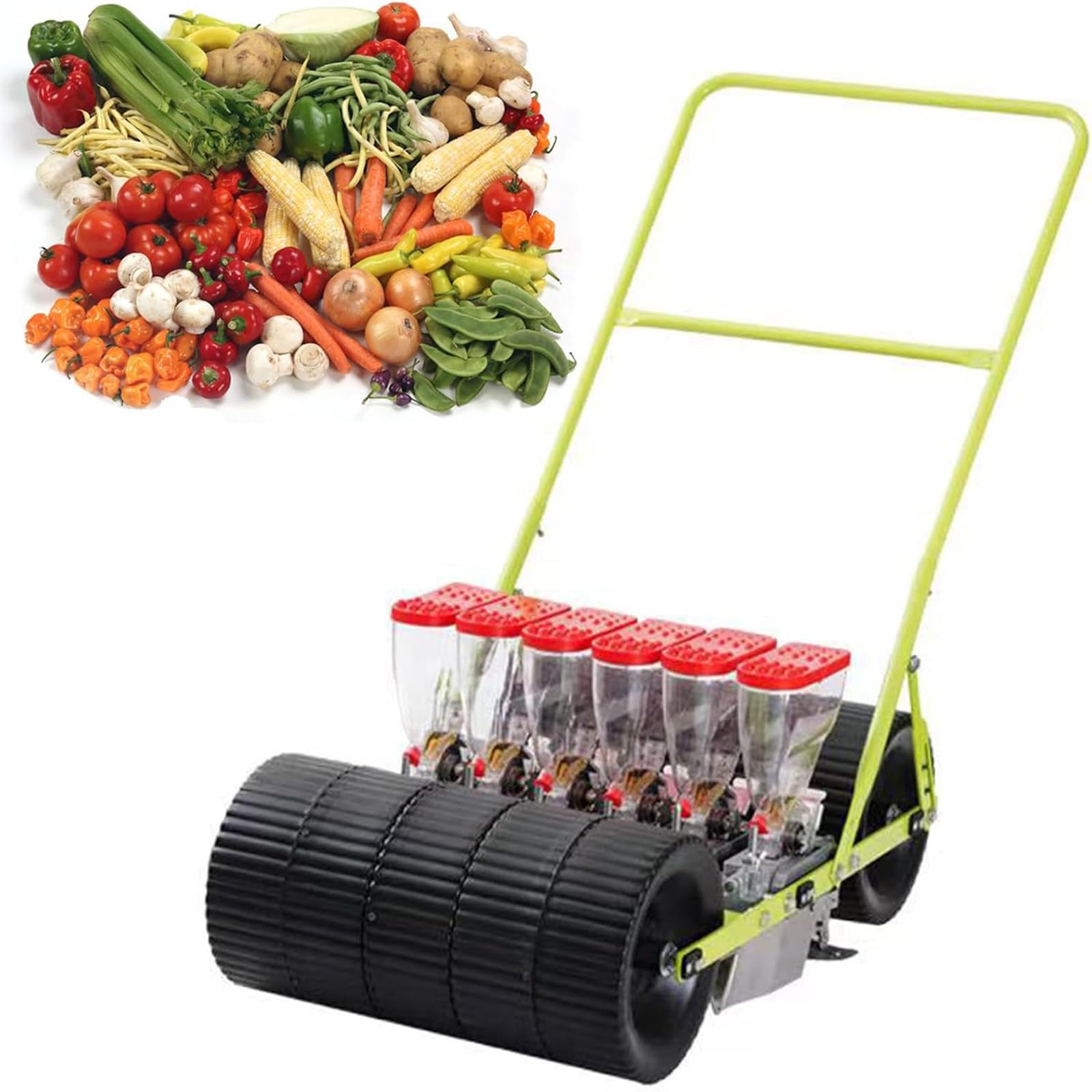 Handgepresster Gemüse-Pflanzgefäß mit einstellbarem Reihenabstand und Tiefe, effizienter Hand-Sämaschine mit Rädern zum Aussäen von Mais, Lauch, Spinat und Radieschen