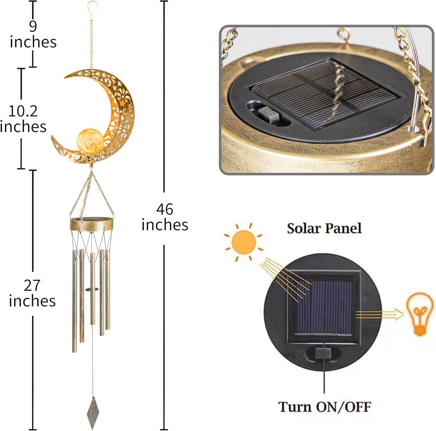 Moon Solar Wind Chimes for Outside Lights Gifts for Mom Wife Unique Crackle Glass LED Warm Light Outdoor Hanging Decor Windchimes for Garden Yard Patio Christmas Birthday Mothers Day - Image 8