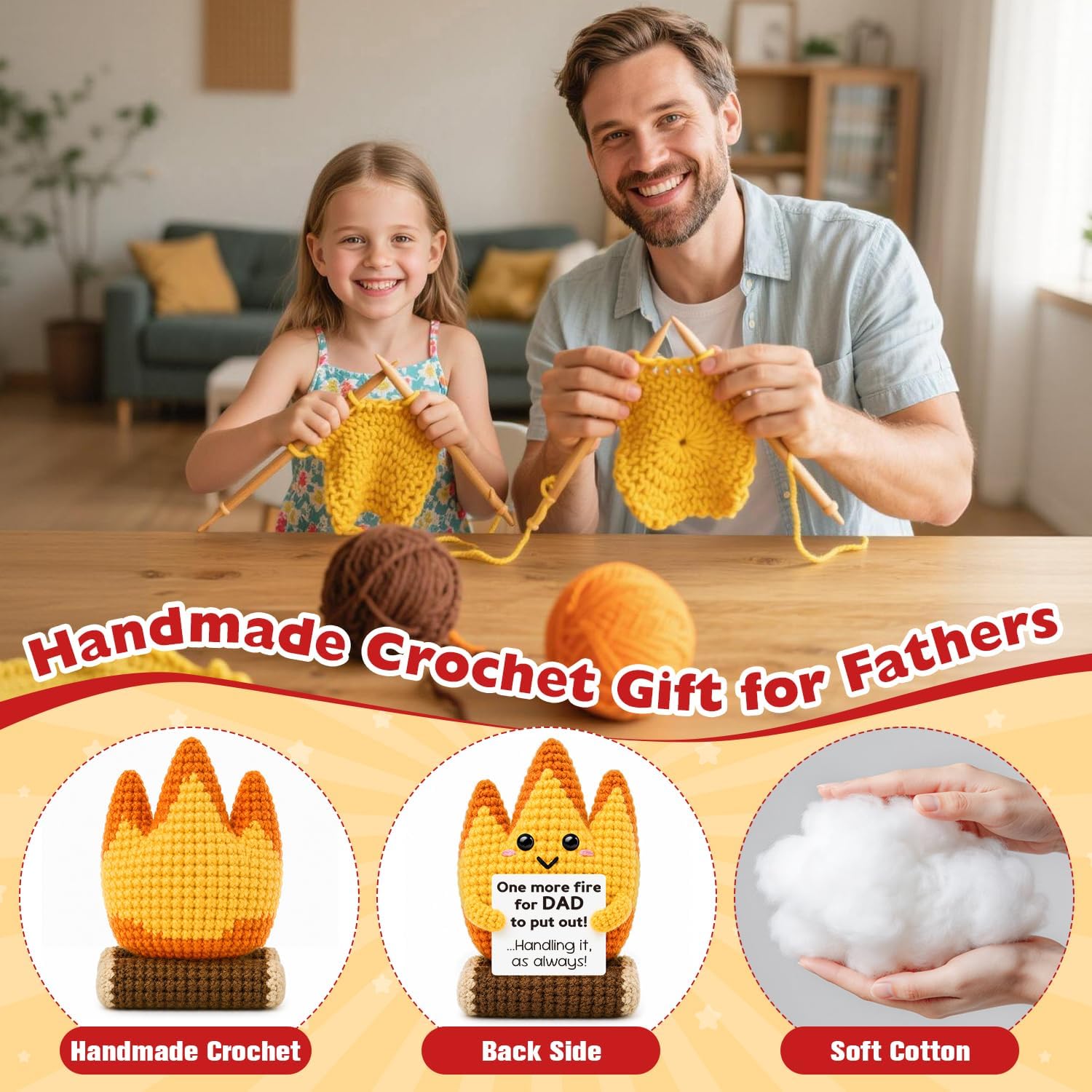 Dad Gifts for Fathers Day from Son Daughter Wife,Positive Handmade Crochet Birthday Gift for Fathers Daddy Papa New Bonus Step Dads,Funny Crochet Flame Gifts for Father Men,I Love You Dad Gift