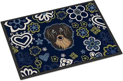 Miniatura 267 de Caroline's Treasures BB1449JMAT - Tapete de bienvenida de carlino negro, 24 x 36 pulgadas, tapete azul para puerta delantera, para interiores