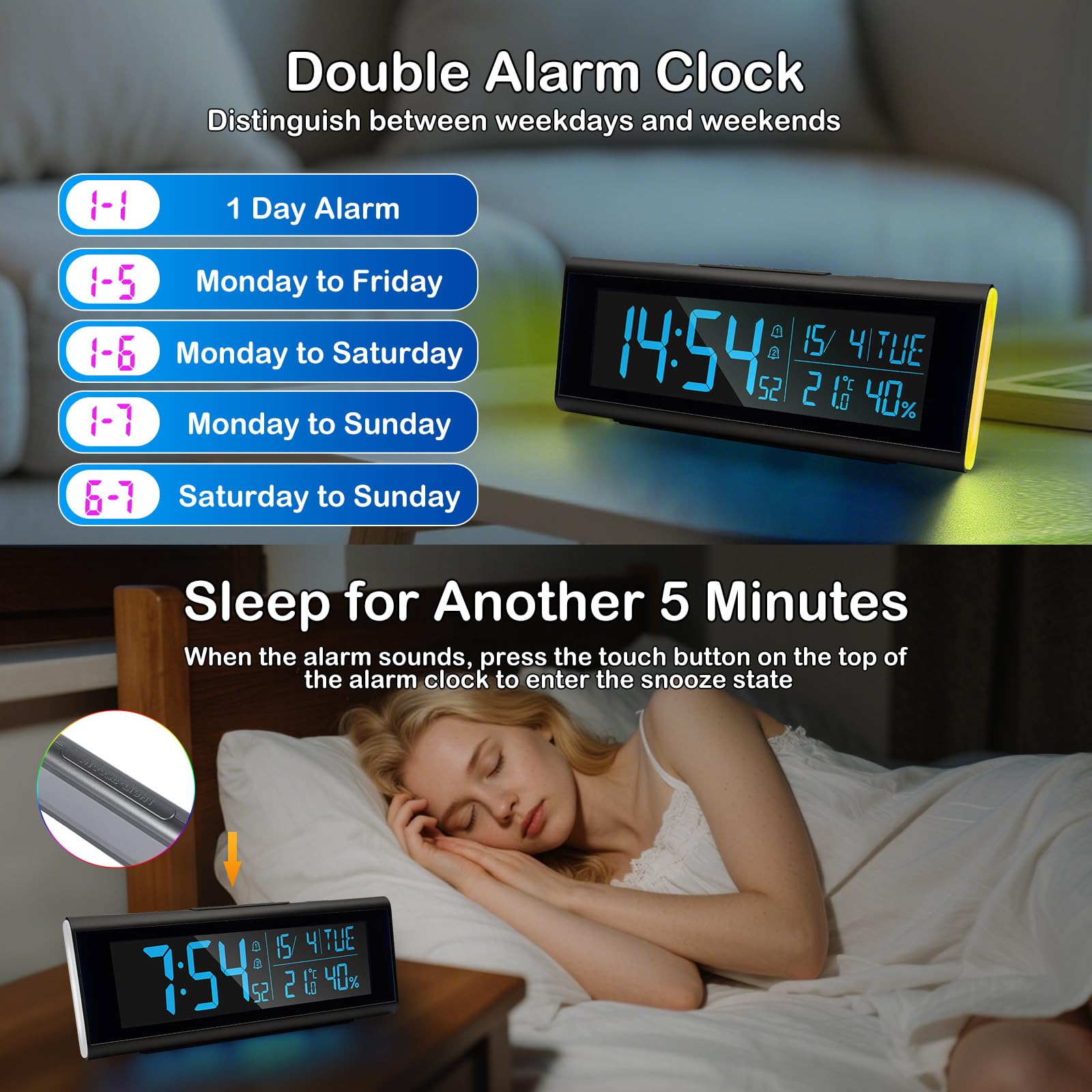 Seutgjie Horloge de bureau numérique, réveil numérique avec lumière RVB, date, température, humidité, affichage DST VA, 7 langues, deux alarmes, minuterie, fonction snooze pour bureau, chambre à