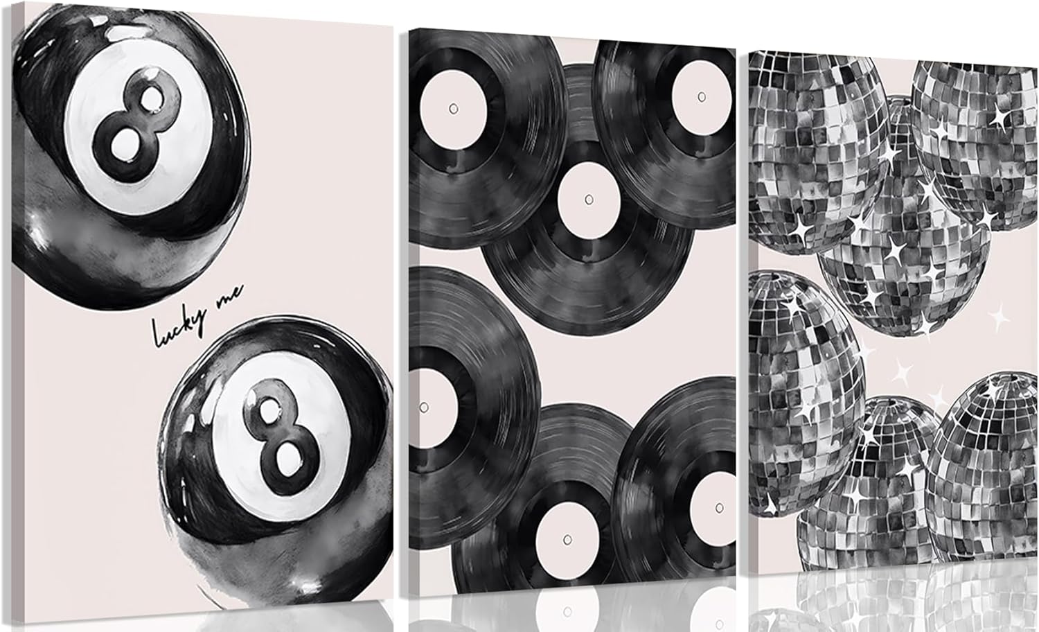 3Pcs Trendy Black White Canvas Wall Art Lucky 8 Ball Wall Decor Pictures Disco Ball Poster Prints Record Painting Artwork for Dormitory Bedroom Living room Preppy Decoration 16x24in With frame