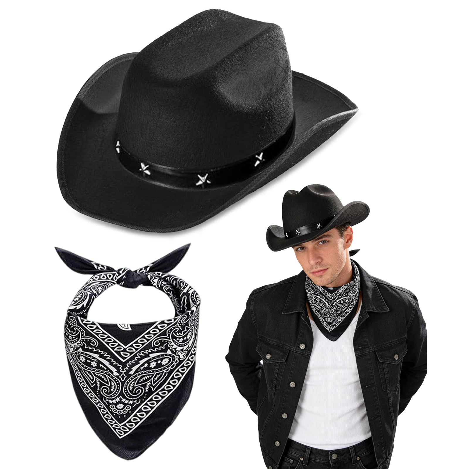 GYIOFAI 2 Pcs Felt Western Hats & Bandanas Texas Texan Costume Accessories, Wild West Western Sheriff, Western Cowboy Fancy Dress Costume for Birthday Halloween, Bachelorette, Bachelor Party (Black)