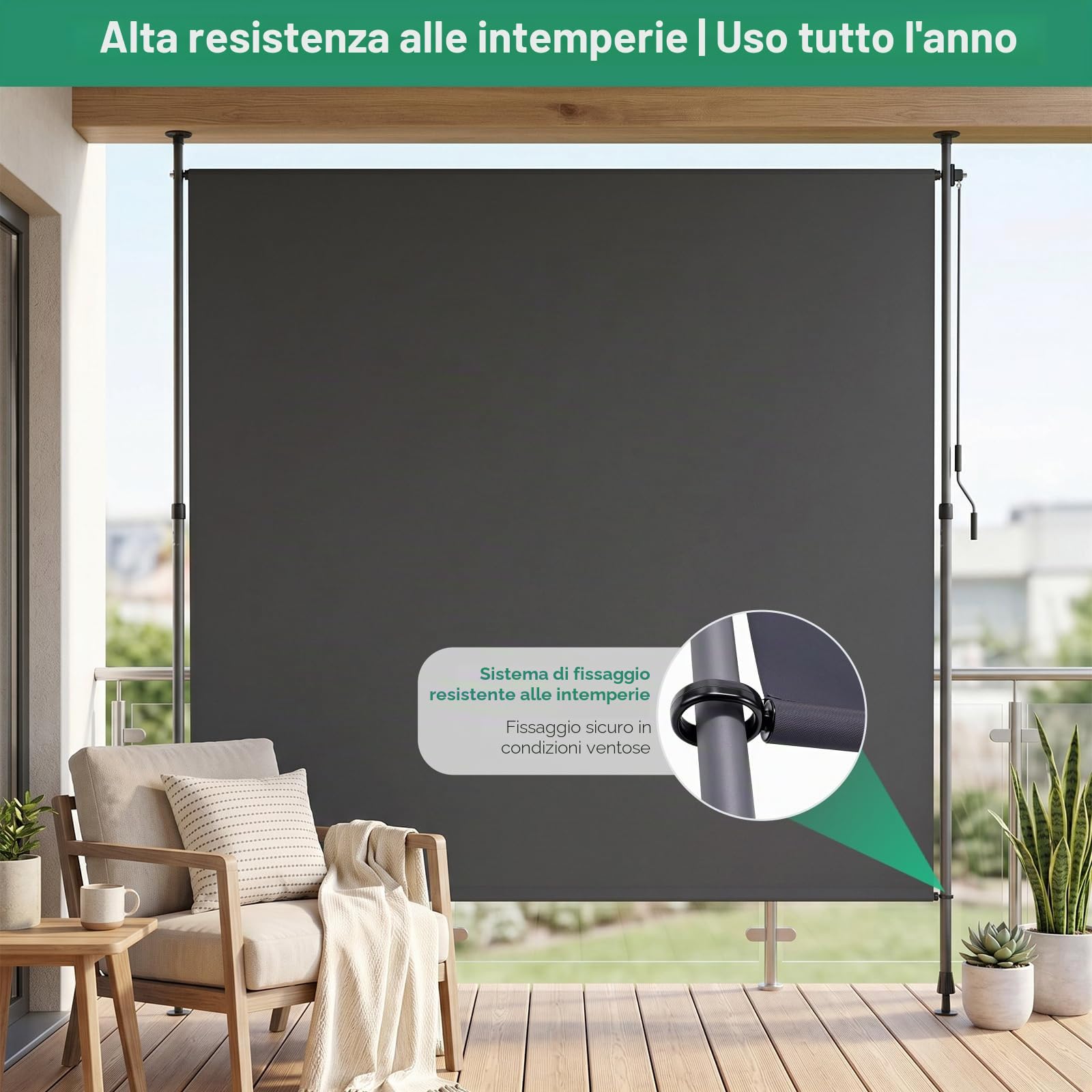 LIFERUN Tenda da sole verticale con morsetto, 120 x 310 cm, tenda da sole verticale allungabile, senza forature,con manovella, protezione solare dal vento, per balcone, giardino