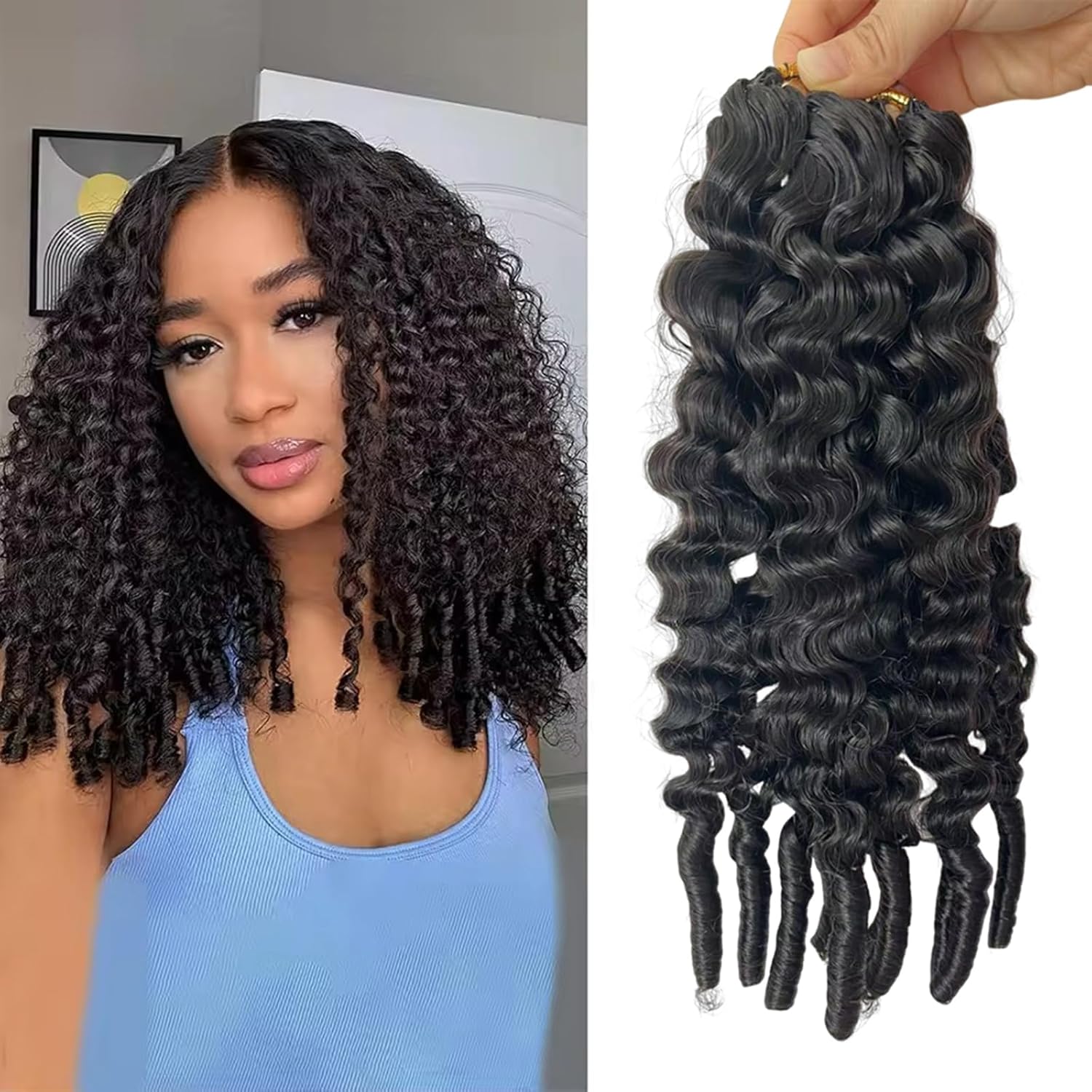 Knotless Crochet Hair Burmese Water Curly Human Lightweight Micro Pre Separated Feather Bouncy Curly End Fluffy Bundles Extension With Loop String Bohemian Braids 16Inch 120g 100Strands