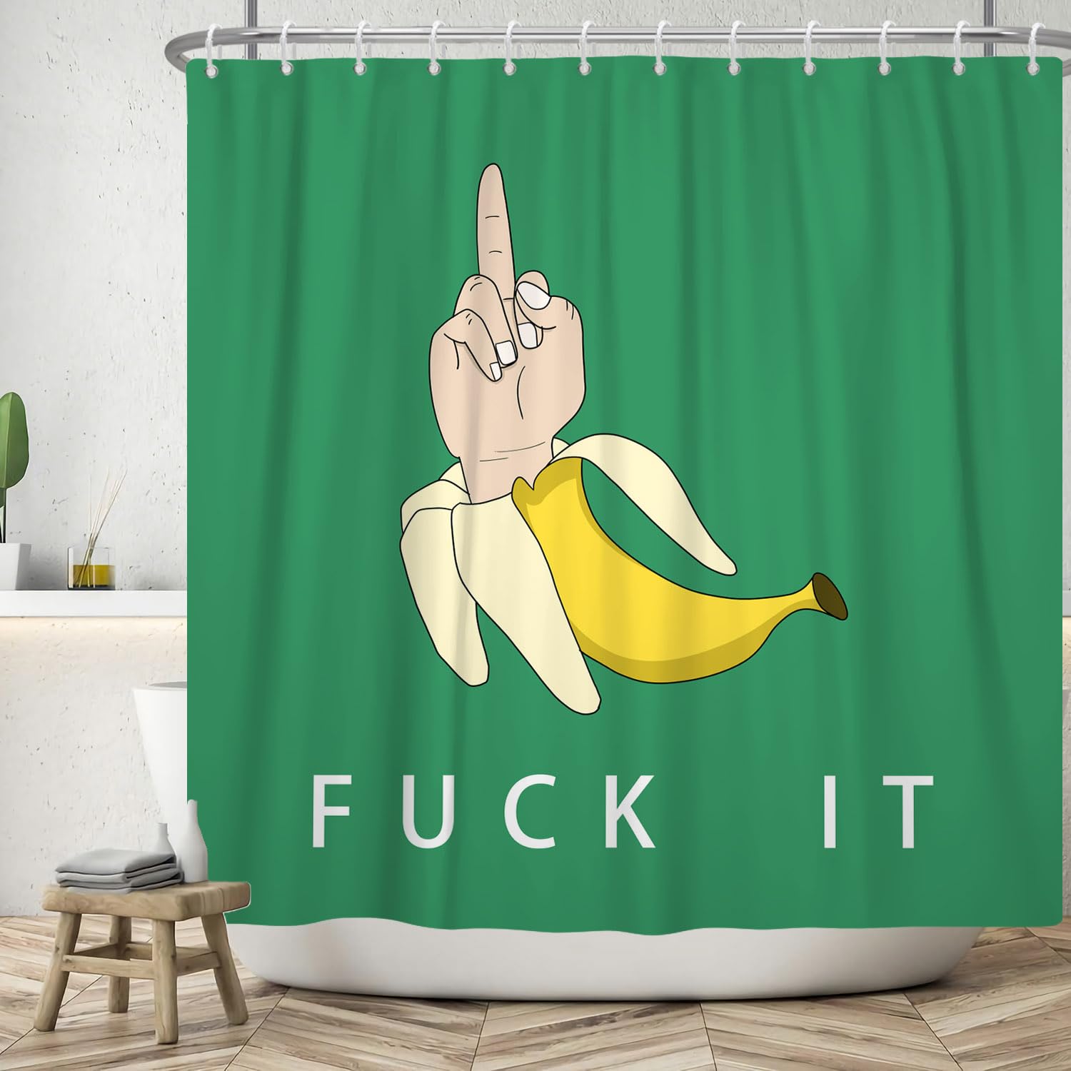 ASDCXZ Funny Shower Curtain 120x200 cm, Yellow Banana Funny Gesture Green Bath Washable Shower Curtains Polyester Textile Waterproof Bath Curtain for Bathtub with 8 Hooks