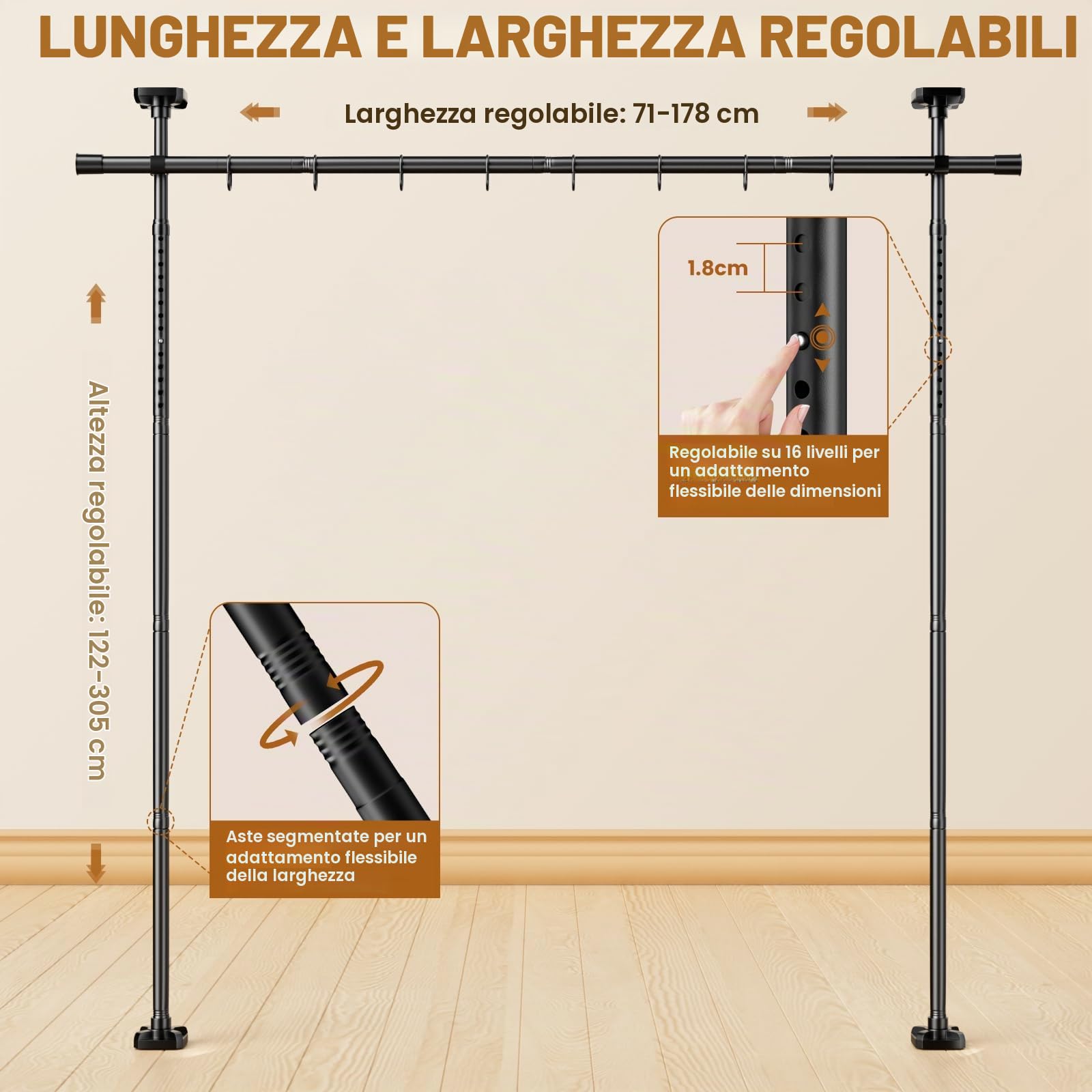 Mavivegue Divisorio senza foratura, divisorio senza tenda, divisorio, paravento, 122-305 cm (H) 71-178 cm (B) regolabile, adatto per soggiorno, camera da letto e ufficio, nero