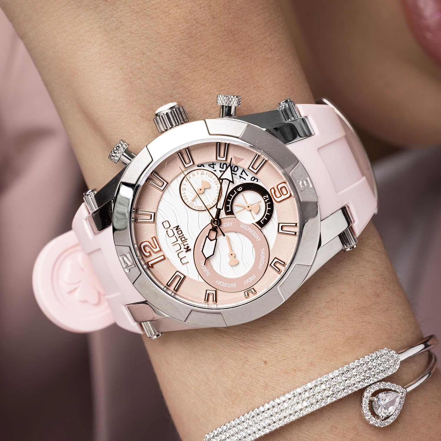 MULCO Reloj impermeable de lujo para mujer, acero inoxidable dorado rosa